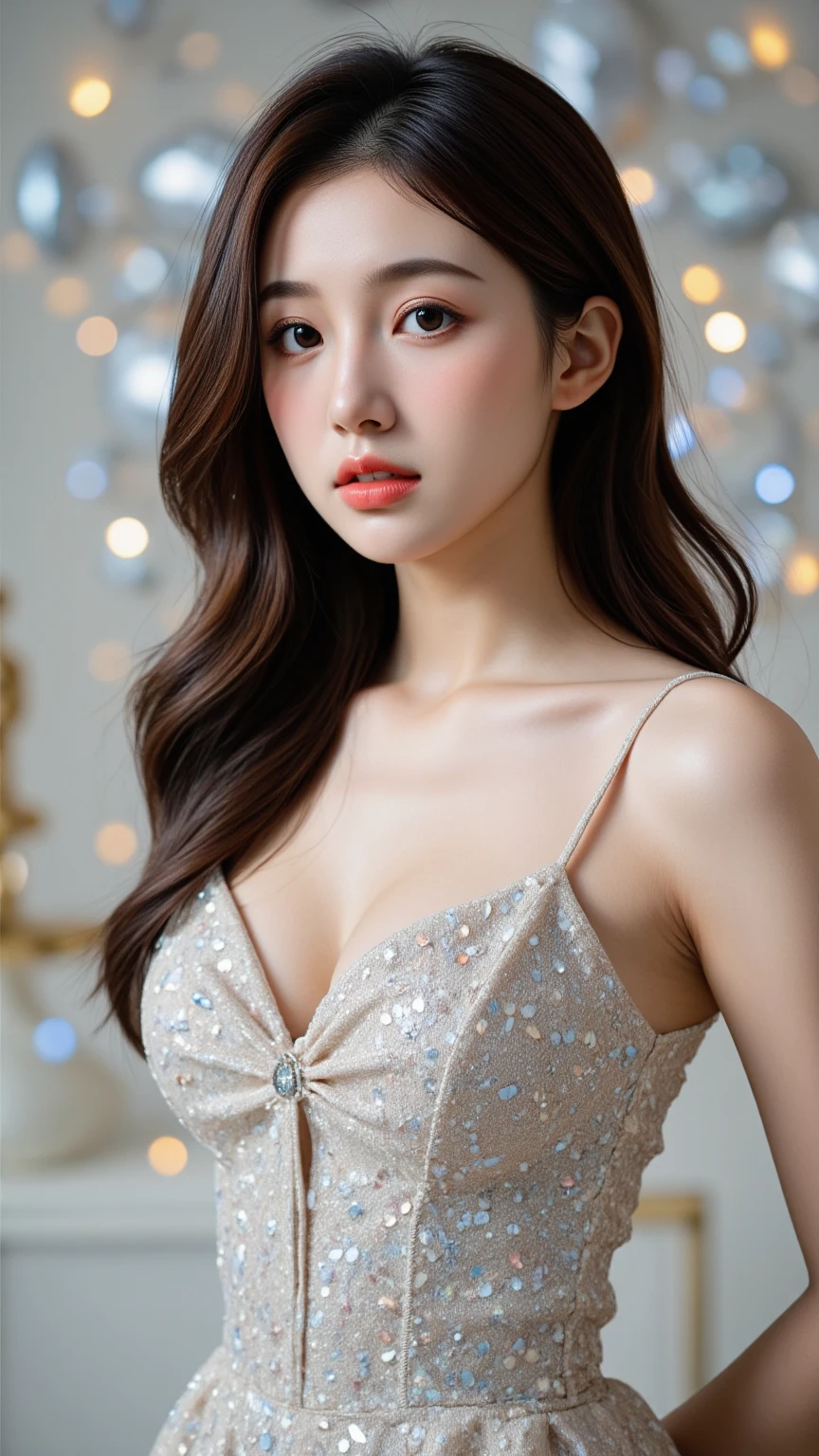 Best Quality, Masterpiece, High Resolution, 1girl, Clear Silk Porcelain Dress, Pretty Face, Hair Accessories, Look at the Audience, Smile, Close Mouth, Lips, Dress, Hair Accessories, Necklaces, Jewelry, Long Hair, Earrings, Beautiful Face, Body, Tindal Effect, Realism, Shadow Studio, Edge Lighting, Two-Color Lighting, (High Detail Skin: 1.2), 8k UHD, DSLR, Soft Light, High Quality, Volume Lighting, Photo, High Resolution 4K, 8k, Blurred Background
