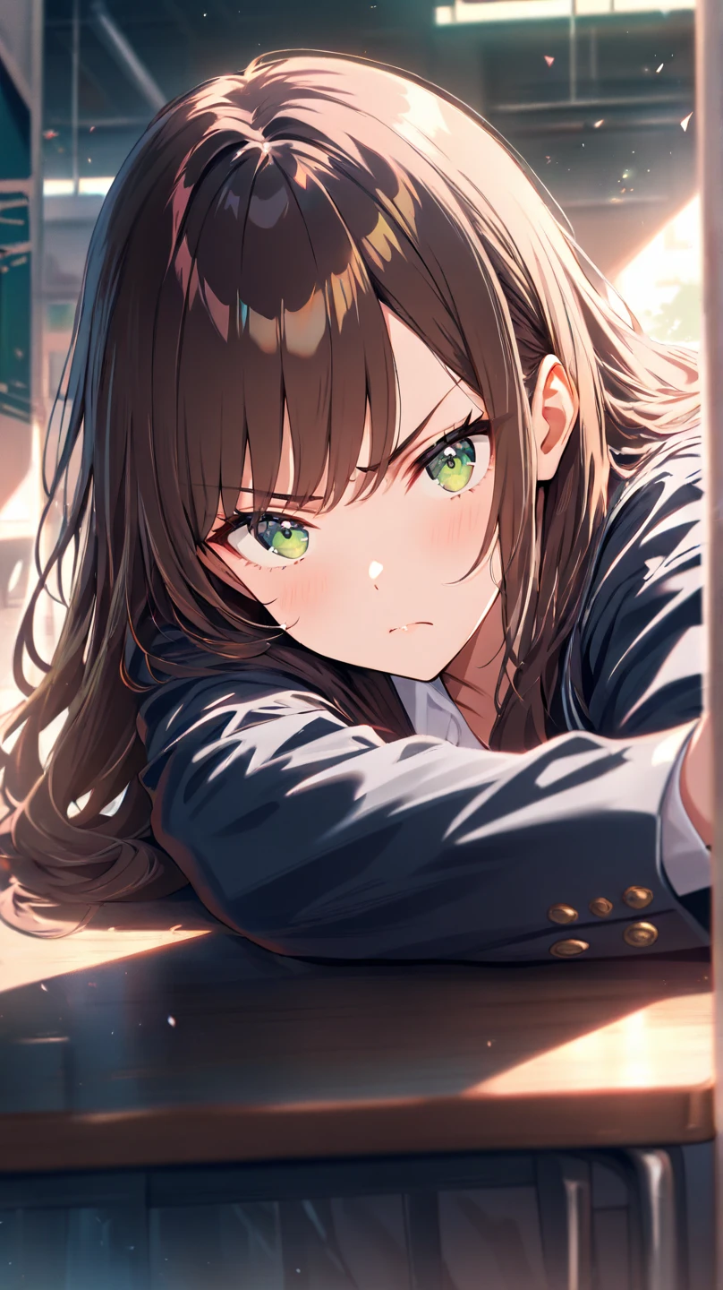 1 girl, mature woman, green eyes、Navy Cardigan, bow, highest quality, hire, detailed face,cityscape at night, detailed background, Depth of written boundary, Bokeh,black long hair、walk together,groan of pain、Feel pain、tears flow、it hurts、cry in pain、I'm scared and crying、covered in tears to relieve the pain、groan of pain、