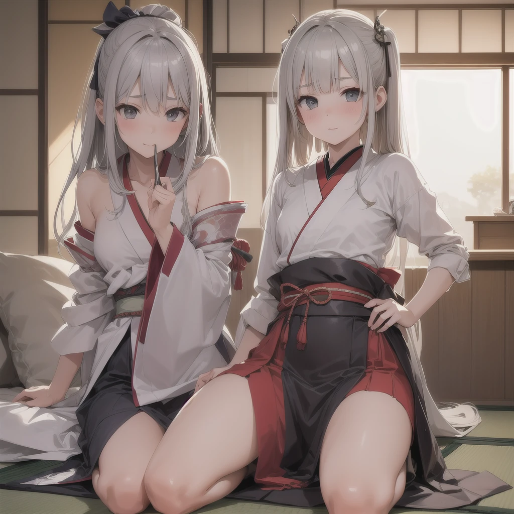 Arakfi sitting on wooden floor in red and white clothes, anime girl cosplay, anime cosplay, anime goddess, beautiful anime girl squat, Hakuhime haircut, Ayaka cosplay, cosplay photo, cosplay, popular in CGSTATION, gray hair god. --auto
