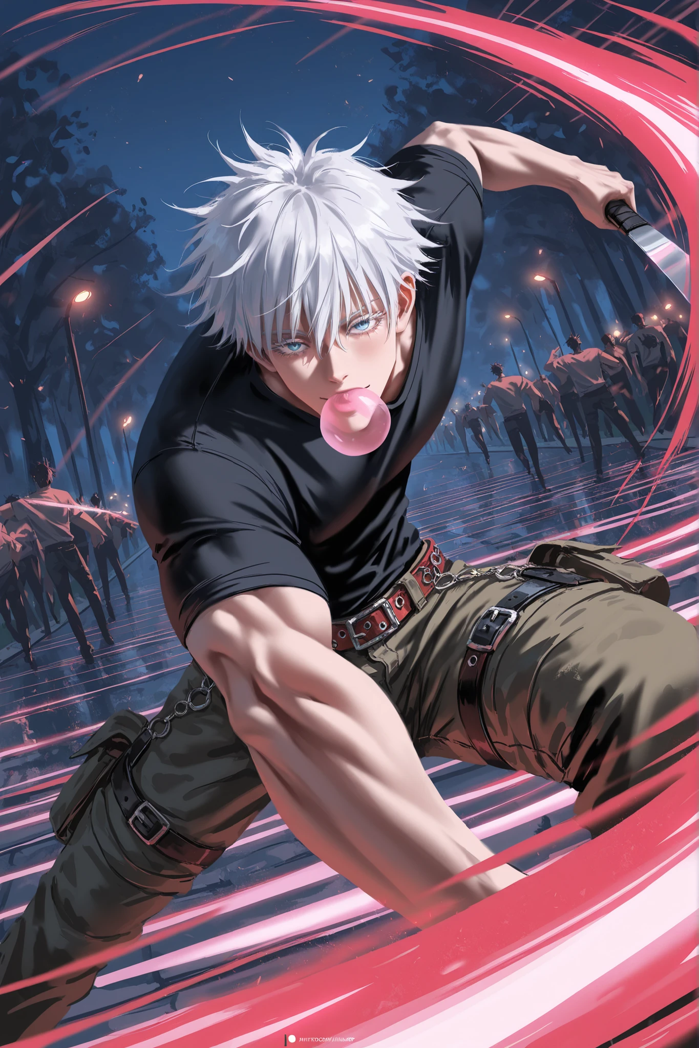 wlop, rella, anime style, 1man, adult, male focus, gojou satoru, jujutsu kaisen, white hair, short hair, ((hair between eyes)), colored eyelashes, white eyelashes, blue eyes, intricate eye iris, detailed eyes, muscular male, sexy man, handsome man, handsome face, chewing gum, bubble gum, oversize tshirt, cargo pants, Rocky belt with rivets, cool_man_style, cool man, stylish man, handsome man, male cool clothes, cool fashion, intricate clothes, intricate accessories, intricate patterns, cool, stylish, , squinting eyes, cainsaw in both hands, (holding cainsaw:1.2), energy, (((slashing viewer, many slashing lines))), cool pose, dynamic pose, motion lines, glowing movement lines, dynamic angle, action scene, motion blur, masterpiece, best quality, amazing quality, very aesthetic, absurdres, newest, dynamic concentration line, perspective, zombie apokalypse, park, outside, night, zombies around