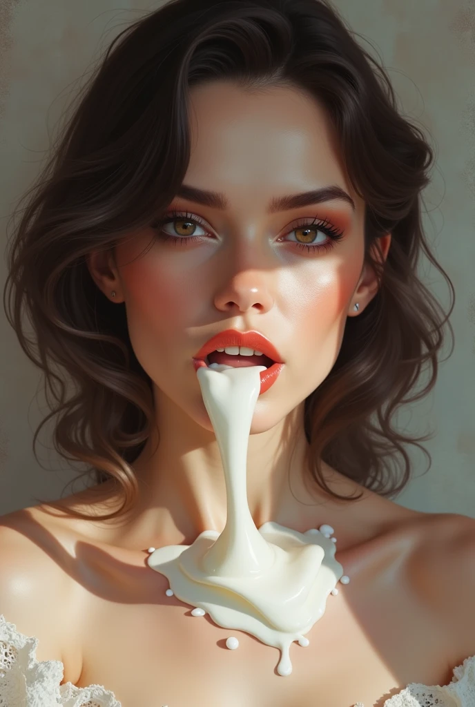 Create a painting of a sexy and beautiful young woman spitting evaporated milk out of her mouth