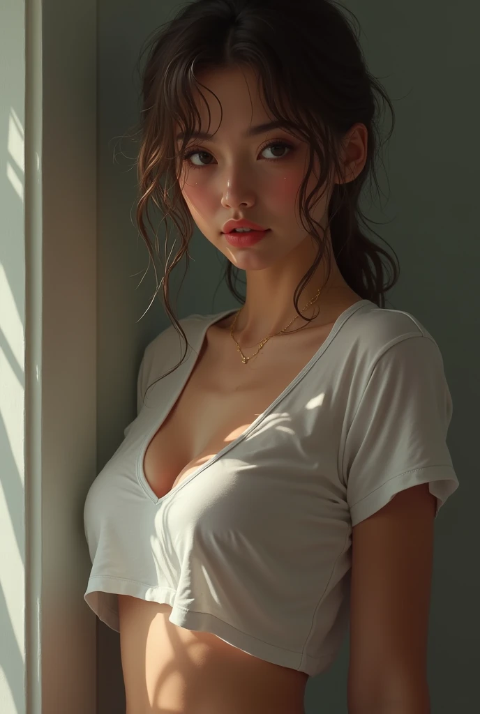 (Soft Lighting Photography by Mimoza Veliu and Mario Giacomelli:1.2), NSFW, photorealistic, Kpop idol, a beautiful 20-year old girl, trying to get dressed before going out for a date, long hairs, 4k, high-res, masterpiece, best quality,(polaroid photography:1.5), finely detailed skin, sharp focus, (at night, low light, overexposure), dynamic angle, detailed face:1.2, fitting room, small breasts, full body, unbuttoned white shirt:1.4, exposed breasts, panty drop or pull,