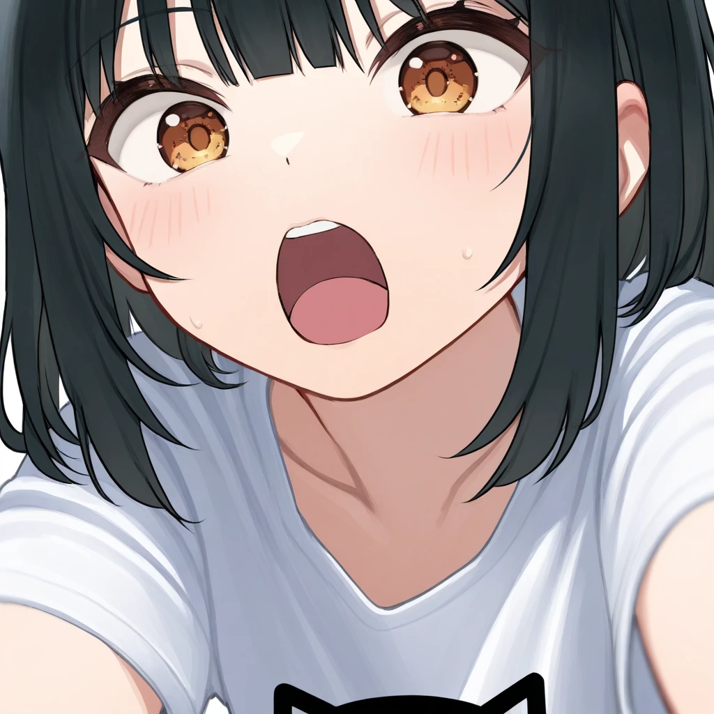 1 girl, nsfw, (((deepthroat))), oral, (Expressive eyes), (Perfect Face), ((cute)), Slanted Eyes, ((Baby Face)), (((female child))), (), (((Petite))), ((Flat Chest)), White skin, gleaming skin, Yellow eyes, tears, ((Excited)), twin braids, black hair, Naked, collar, (Sweat), drooling, 1 guy, penis, detail perfect piece, 16k, (Best quality)