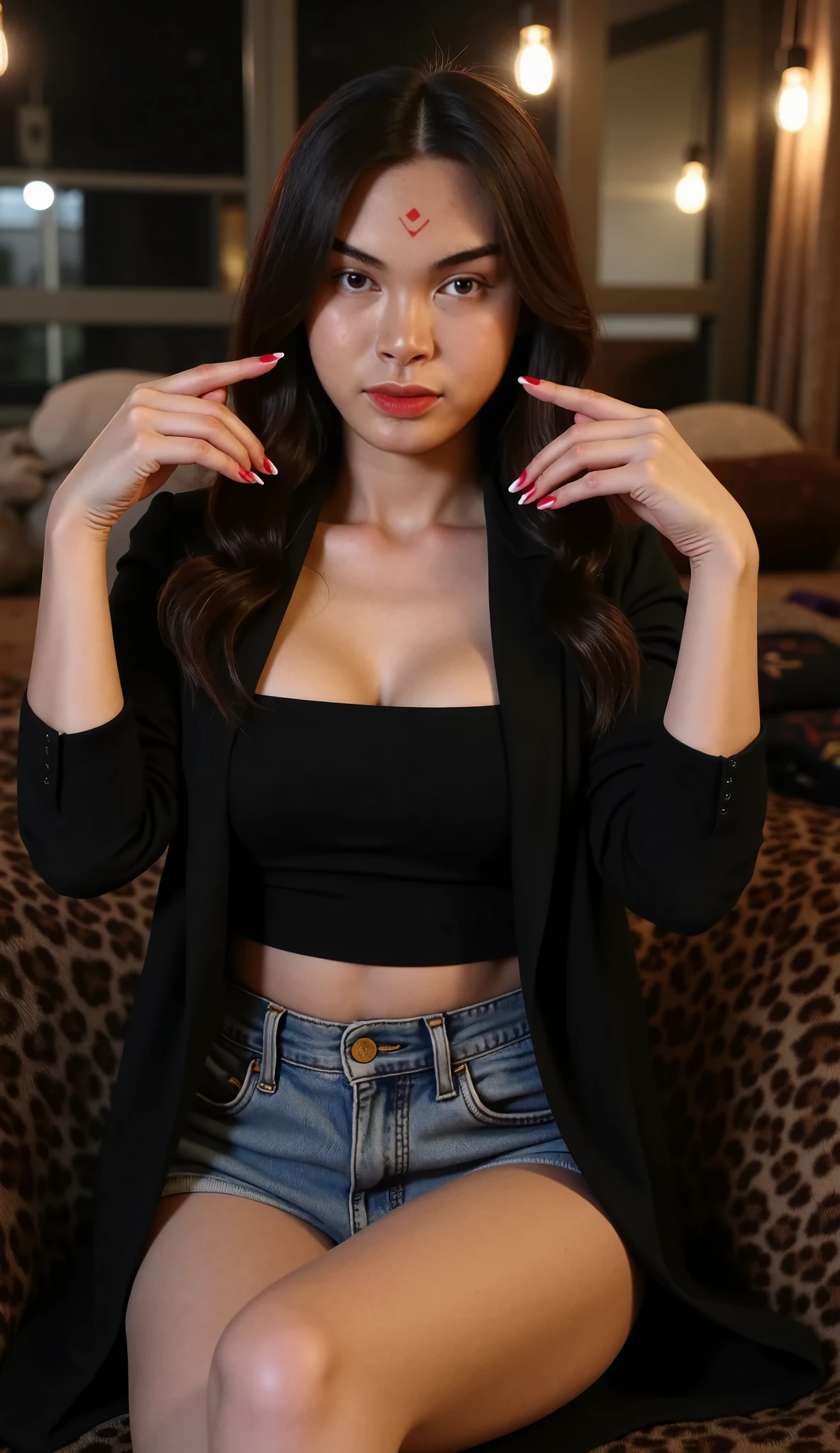 Cute indian girl, long golden brown hair , fair complexion, seducing facial expression,juicy lips, prominent eye with confident look, wearing black jeans and black top and a blazer over it revealing her slim figure and naval, standing, blur background, focused image