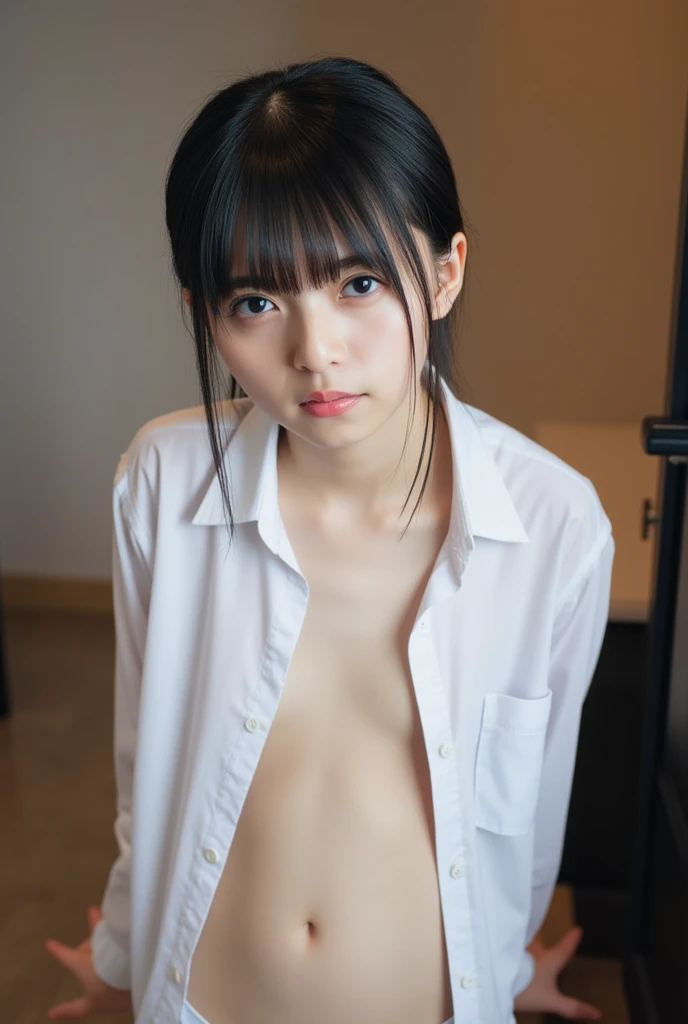 absurdres, (masterpiece, best quality), (ultra-detailed), extremely detailed,super high resolution, (Top Quality photorealistic Illustration), (Super Definition), (best quality,masterpiece:1.0),(cute illustration:1.3), (high Saturation:1.2), highres, ultra-detailed, 32k,8k resolution, intricate details, cinematic scene, detailed background, Soar (High chroma),(Sparkling),bathroom, BREAK (1 girl) ,(round face:1.6), (baby face:1.6), (kawaii:1.6), (cute:1.6), ( face:1.6), Beautiful and delicate eyes, Delicate and beautiful face, Facial accents, Perfect figure,(open shirt:1.6), (show off nipples:1.6), (exposing bare breasts:1.3), (exposed chest:1.3), (medium breasts:1.3),,Uniforms、bright expression、poneyTail、Young shiny shiny white shiny skin、Best Looks、Natural black hair with dazzling highlights、shiny light hair,、Super long silky straight hair、Beautiful bangs that shine、Double eyelids、eye liner、Glowing crystal clear attractive big brown eyes、Very beautiful nice cute 14 year old Nordic girl、