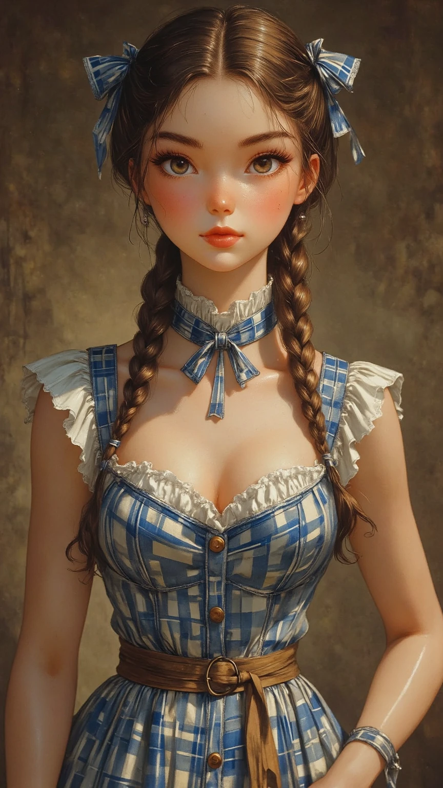 1girl, masterpiece, best quality, 8k, detailed skin texture, detailed cloth texture, beautiful detailed face, intricate details, ultra detailed, Alice in Wonderland, (a bow on her head:1.1)