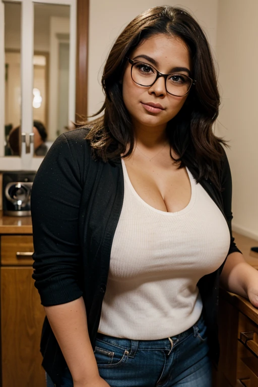 Woman with glasses with big breasts in ordinary clothes