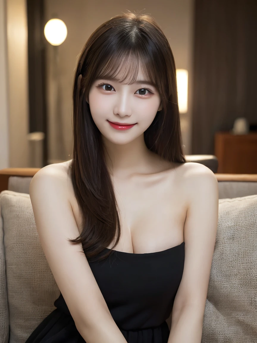 Tabletop, highest quality, shape, Very detailed, finely, High resolution, 8k wallpaper, 完璧なダイナミックな構shape, Beautiful and detailed,ランダムなcute髪,,Natural color lip, Bold sexy pose,smile、20-year-old girl、cute、Looking at the camera,Always blur the background,Perfect and beautiful face,Slim face and figure,Big eyes、Putting on gal makeup,Small face,Shooting from below、smile,Blurred Background,Elegant feminine face、Cyberpunk Fashion、smile