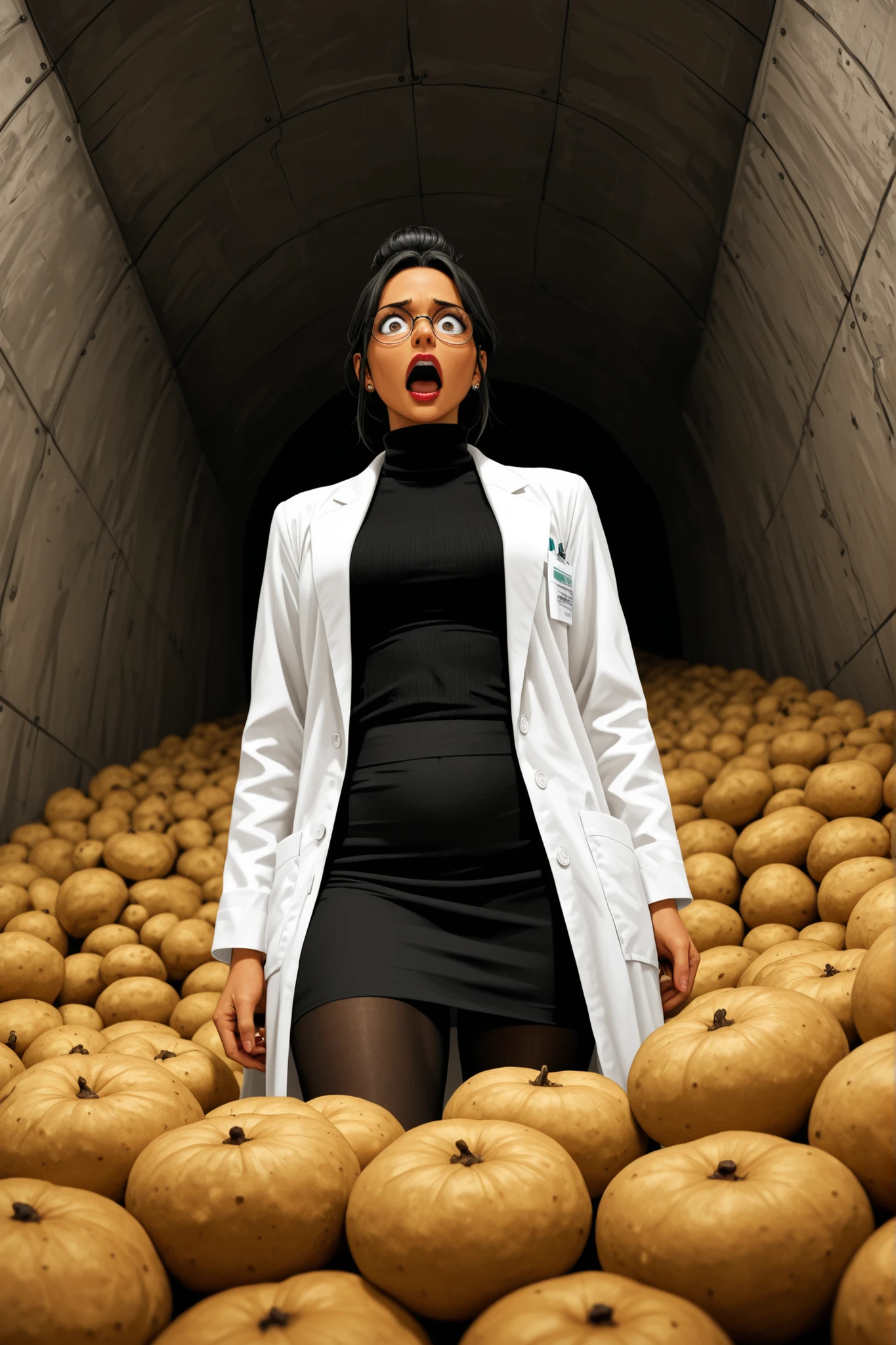 (vintage art, illustration, masterpiece), absurdres,best quality,amazing quality, SCP-1689, tunnel made thousands of individual potatoes, dutch angle, from below, solo, latina scientist, tan skin, black hair, top bun, perfect face, sharp facial features, looking up, angry, piercing bronze eyes, sanpaku, wide eyes, red rimmed glasses, astonished, open mouth, lipstick, (white labcoat), black turtleneck, black pencil miniskirt, black thighband pantyhose, potatoes in background
