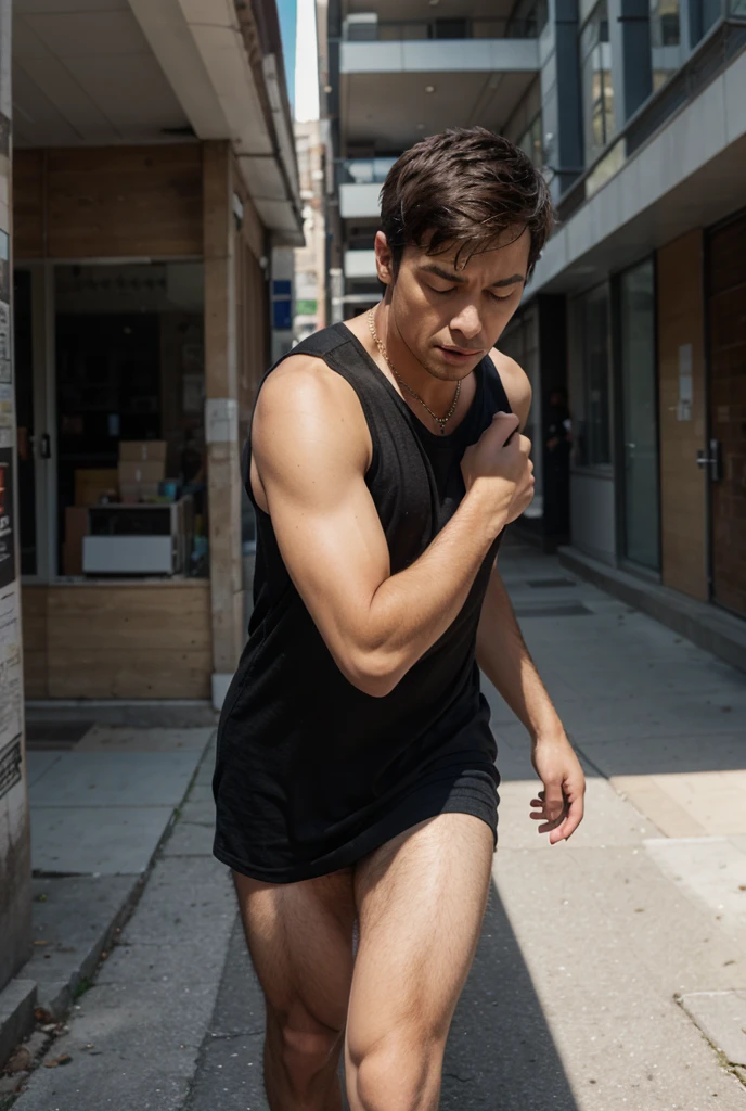 A muscular man wearing a tight shirt and shorts was running down the street with his penis swaying.