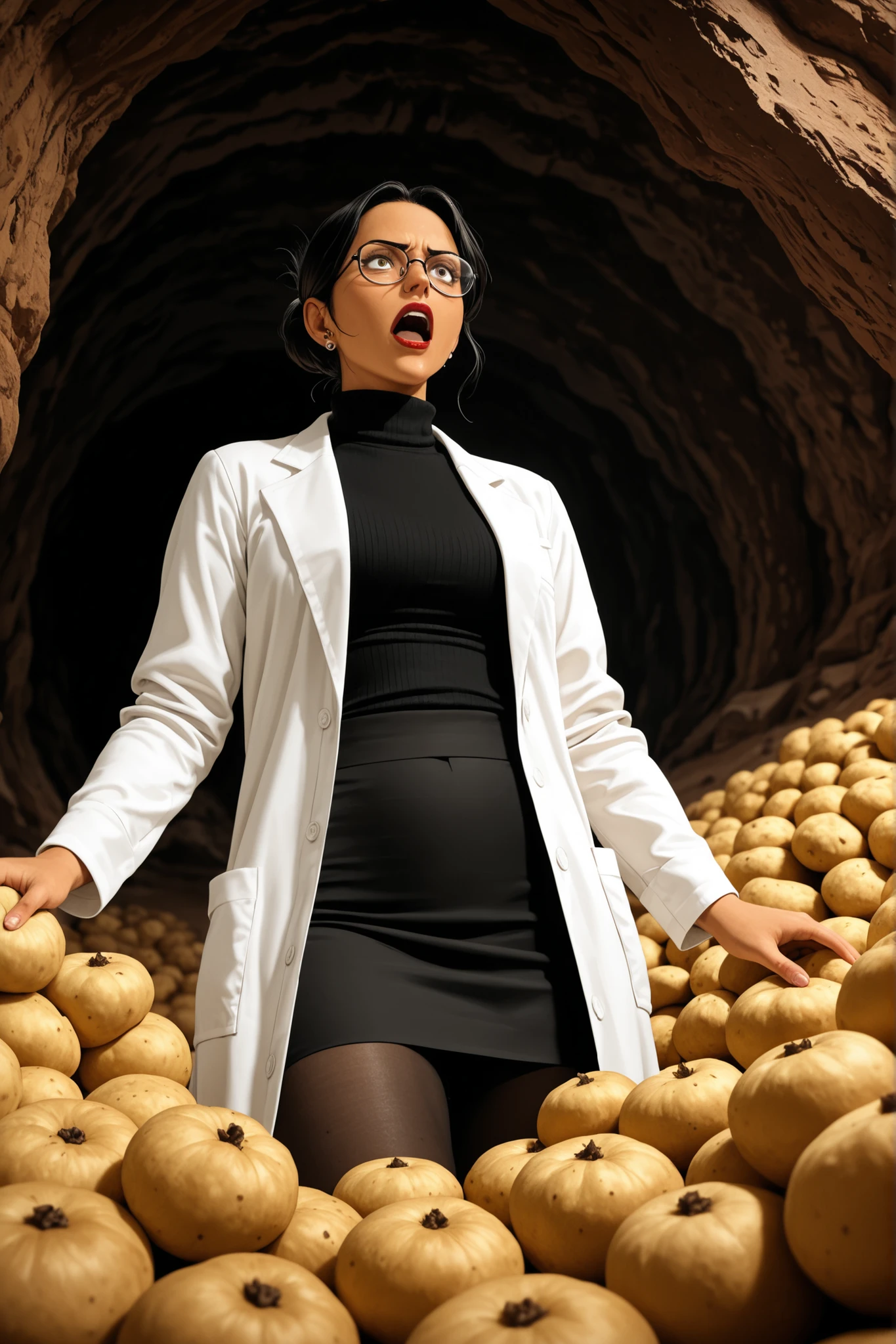 (vintage art, illustration, masterpiece), absurdres,best quality,amazing quality, SCP-1689, cave made thousands of individual potatoes, dutch angle, from below, solo, latina scientist, tan skin, black hair, top bun, perfect face, sharp facial features, looking up, angry, piercing bronze eyes, sanpaku, wide eyes, red rimmed glasses, astonished, open mouth, lipstick, (white labcoat), black turtleneck, black pencil miniskirt, black thighband pantyhose, potatoes in background