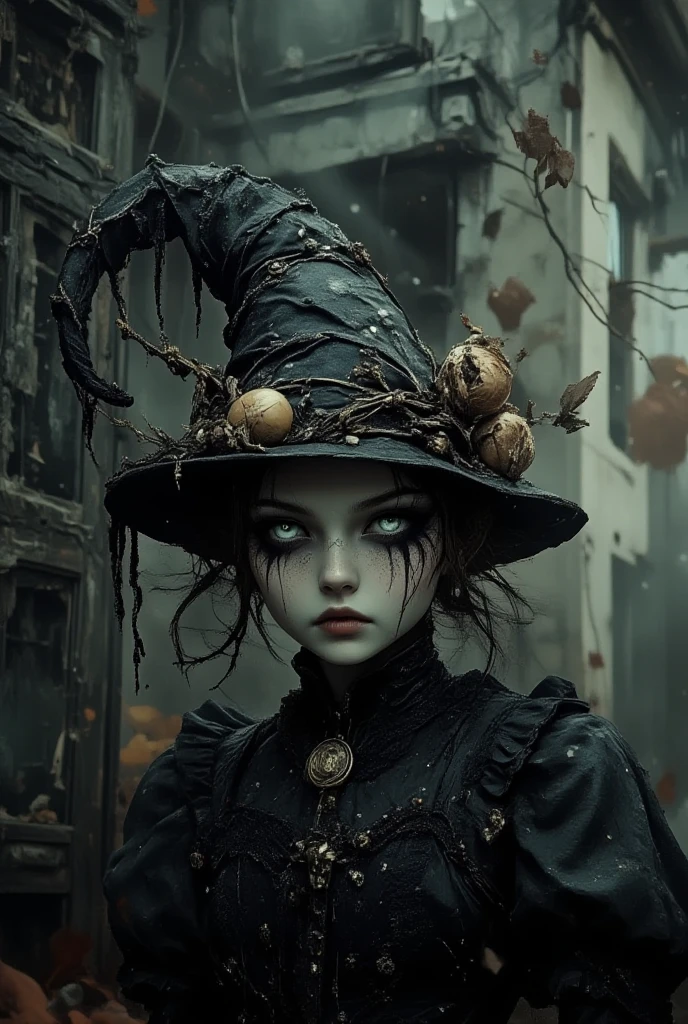 young 9-year-old daughter of severus snape,((highest quality)),(ultra high resolution),(Super detailed),(detailed description),((best CG)),(best work of art) ,black hair, green eyes, Witch girl in a large witch hat with a staff made of bones summoning a skeleton warrior with a large shield