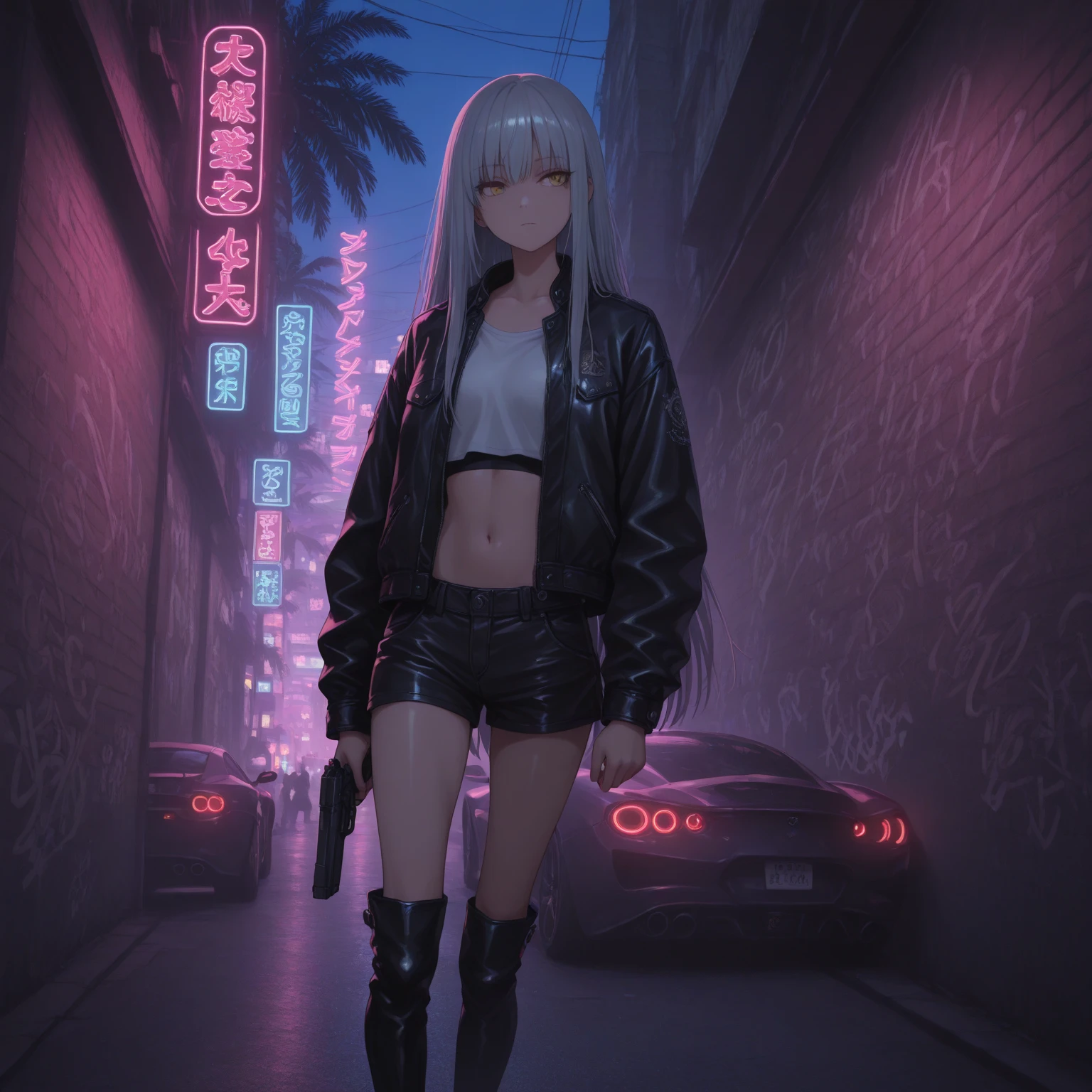 vibrant colors, succubus, loli, heterochromia, long hair, white hair, flat chest, looking at viewer, standing, black bikini, scenery, desert road, night.
