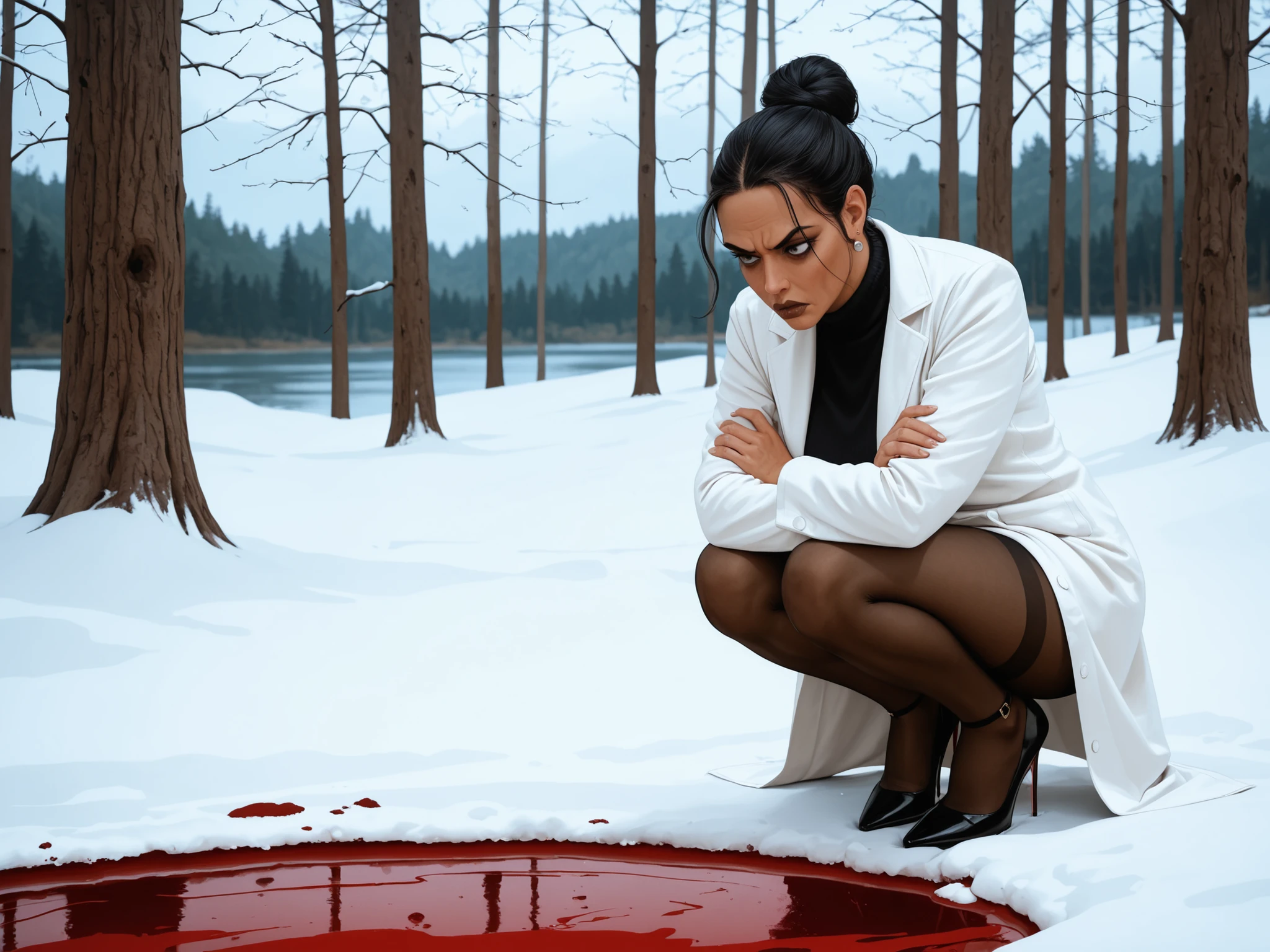 (vintage art, illustration, masterpiece), absurdres,best quality,amazing quality, outdoors, forest, winter, snow, lake of blood, solo, latina scientist, mature, dark skin, black hair, top bun, perfect face, sharp facial features, looking down, piercing bronze eyes, sanpaku, scowl, brown lips, white labcoat, black turtleneck, black pencil miniskirt, black thighband pantyhose, black shoes, stiletto heels, ankle straps, on one knee, arms crossed