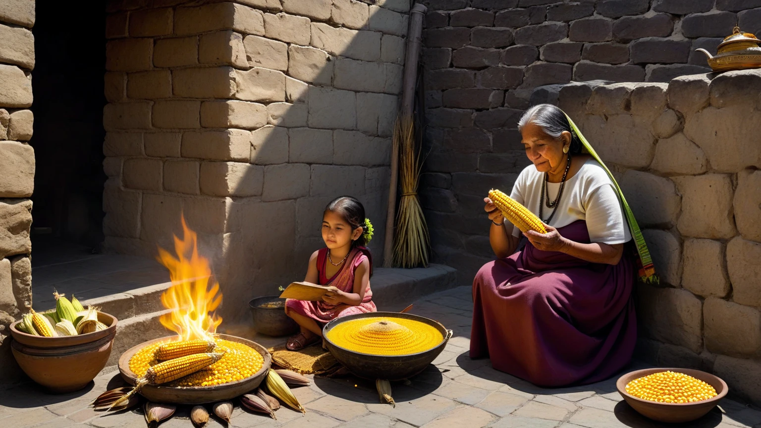 Woman cooking in a clay stove on the floor for her 3-year-old children, They are poor Bolivians, She serves the food. 