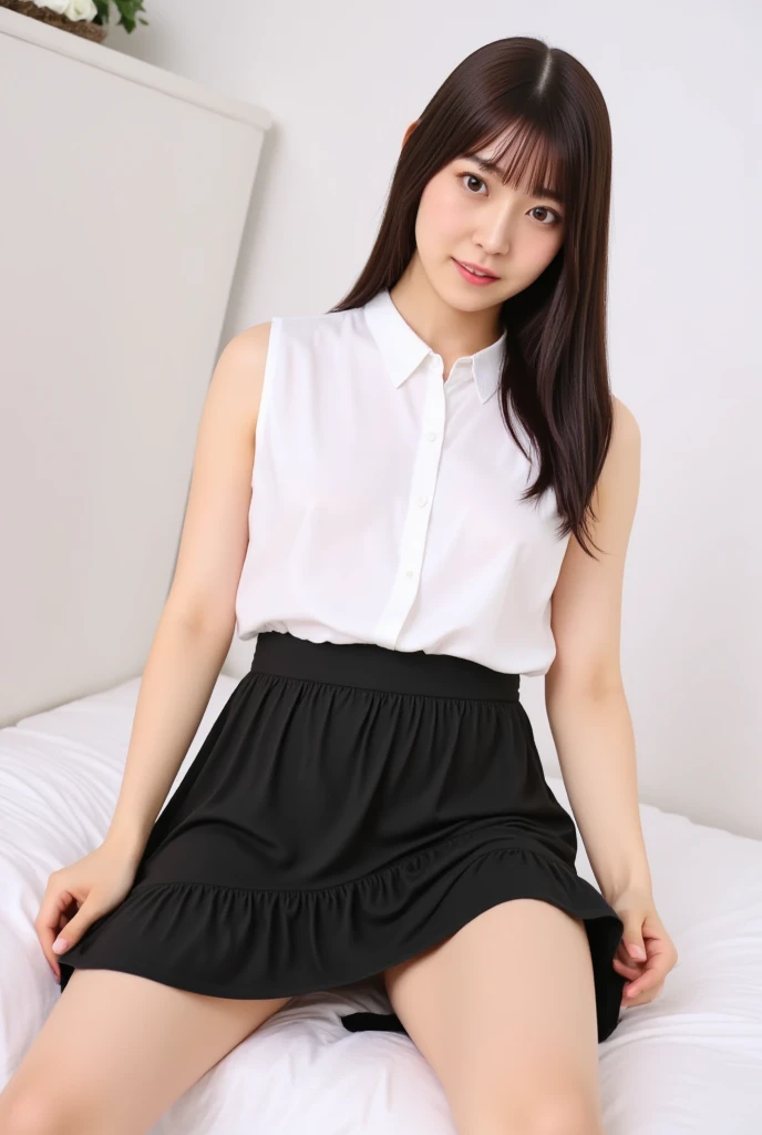 best image quality、realistically、Shining beautiful skin、1 female、Early 20s、bed、idol sculpture、Cosplay Uniforms、uniform skirt、black pantyhose、white panties、thin、smile at the camera、