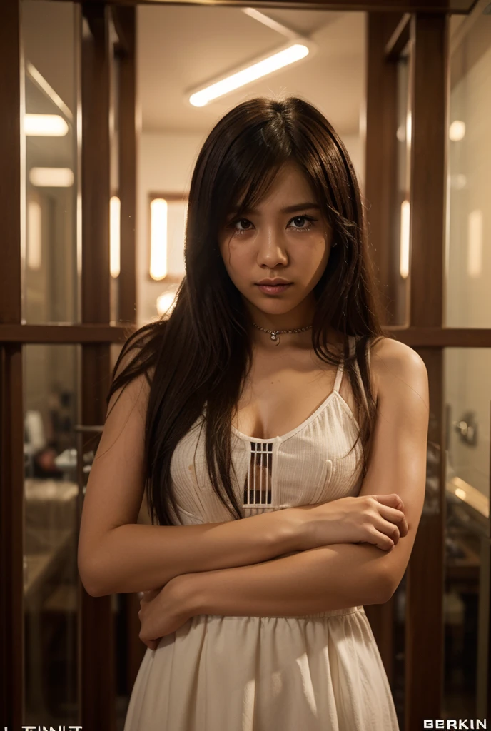 Young beautiful sweet Bogor city girl beingv kidnaped, 25 years old, her name is Salma, mixed descent from sundanese and Javanese, slim little body, medium size breasts, beautiful big round eyes, cute little nose, thin medium long black hair with a bangs, big wide forehead, very sweet georgeus round face, shy and quite type girl, wearing very thin pink see through mini babbydools dress, standing worrying on the cage at a underground room, crying for mercy,