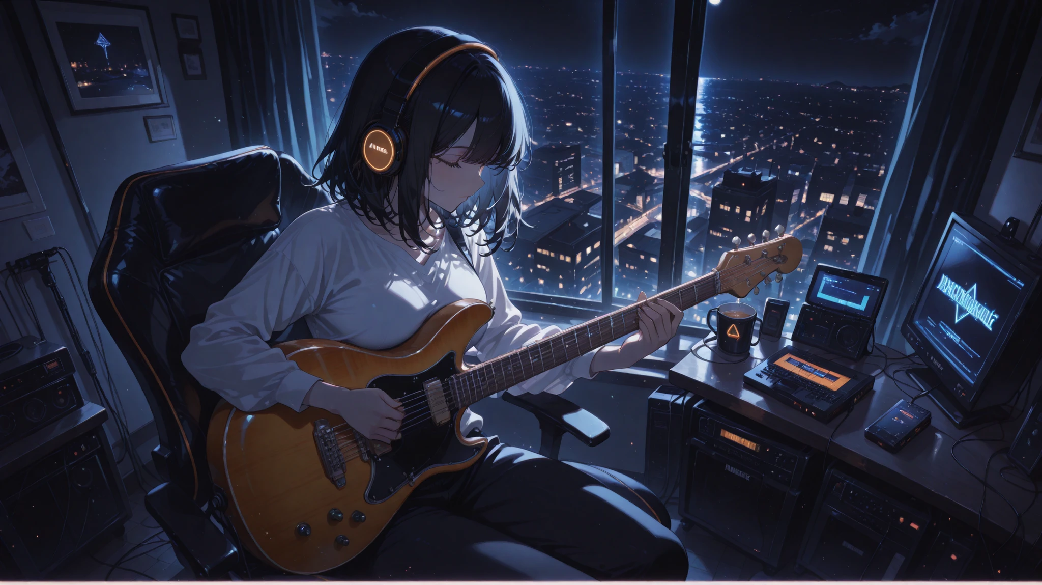 masterpiece,lady,black medium hair,white shirt,headphone,make music,playing guitar,sitting,room,night,cowboy shot,high angle,anime