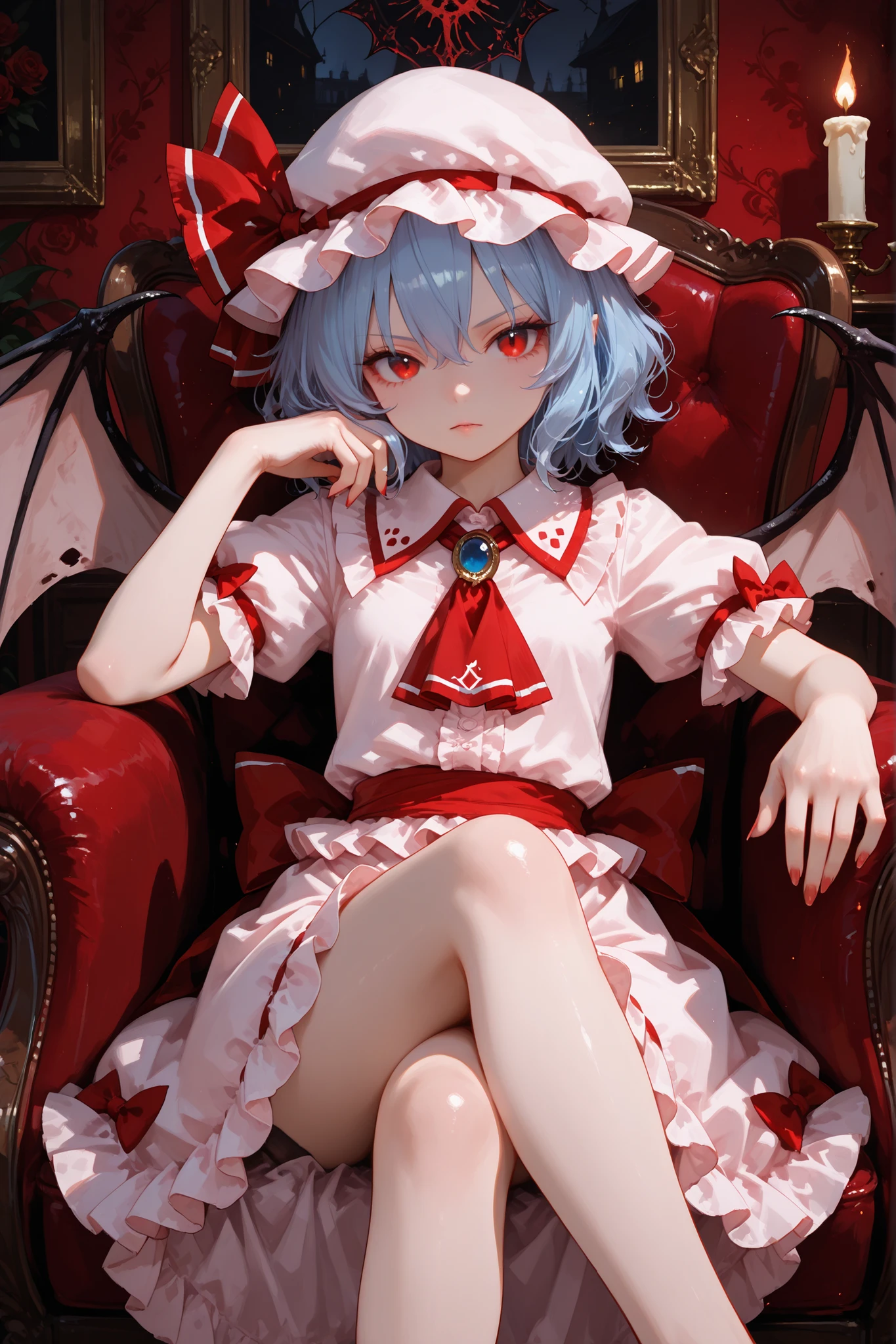 1girl, Remilia Scarlet, red eyes, blue hair, short hair, red eyes, blue hair, short hair, hat, ribbon, wings, ascot, hat ribbon, bat wings, short sleeves, frills, puffy sleeves, home, in the living room, sitting in the armchair, legs crossed, candlelight, beautiful, attractive, dynamic pose, masterpiece, ultra detailed, very aesthetic