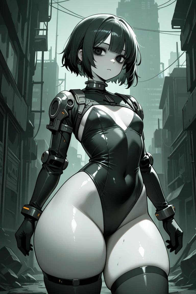 Cyberpunk, very wide hips, thick thighs, high heels, high cut leotard, tanned, soldier girl, huge breast, thin waist, tight stockings, bob cut hair,