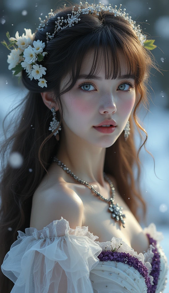 realistic, girl standing, white skin, black long hair with bangs, girly and elegant outfits, wearing earings and more acceciors, cold tone,