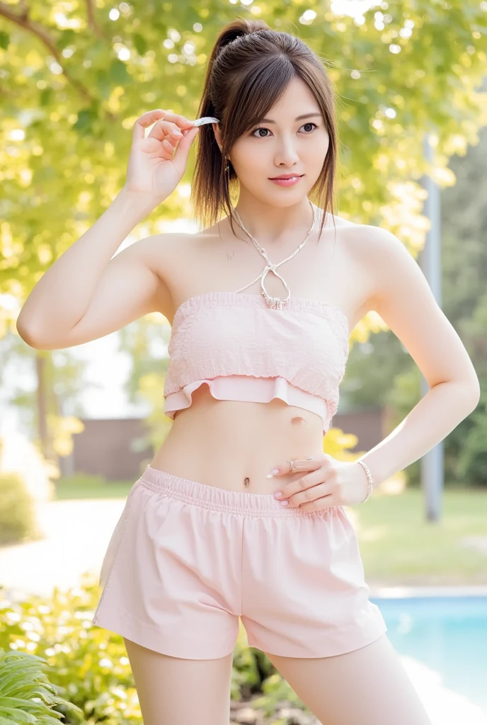 ((masterpiece、highest quality))、RAW color photos、8K、Ultra HD、Very beautiful girl、17 years old、Pretty face、Shiny skin、Rhythmic gymnastics clothes,、garden、Are standing、Up from the thighs