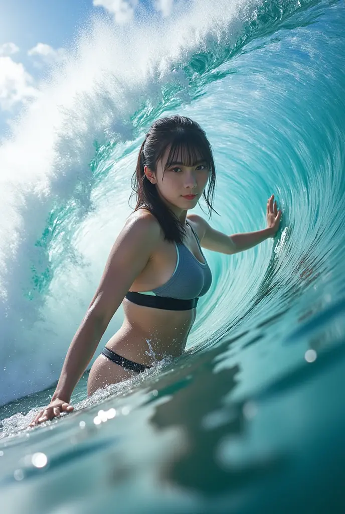(最high quality), high quality, ((masterpiece)), High resolution, 8K quality, very detailed, High Diving, 1 girl, Japanese, , embarrassed look, big breasts, thin waist, long brown hair, Sunburn mark, best blue sky, big white thundercloud, Beautiful blue sea, (Transparent tiny white bikini), ( Hidden and invisible:1.3), (The crotch is hidden by foam and is not visible:1.3), strong sunlight, ((High Diving)), (Capture with high-speed shots), (Splashing violently), Detailed splashes, Detailed flowing bubbles, ((Detailed CG image quality)), (Fine skin texture), detailed face, fine eyes, pink lips, wet hair, soaking wet body, angle from below, fisheye lens, look at the audience, (Amazing blue sky),