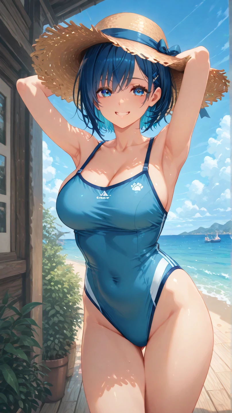 best quality,ultra-detailed,illustration,(new school swimsuit:1.1), 1girl,(solo:1.5),catria,smile,looking at viewer, cute,Blue Hair,Short Hair,Bob,blue eyes,Thin Waist,Small,Toned,small breasts,short stature,(beach:1.3),(eropose:1.5)