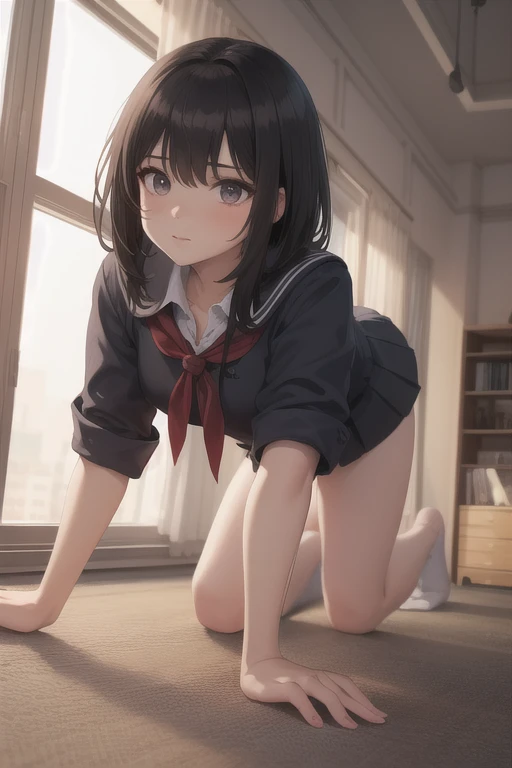 ((masterpiece,best quality)), highres, extremely detailed 8K wallpaper, depth_of_field, best shadow, (Colorful),(Delicate eyes and face), nice hand, Perfect hands, volumatic light, Ray tracing, BREAK
(1girl in), mogami \(kancolle\), black hair, short hair, black eyes / green eyes, swept bangs, small breasts, slender, skinny, Happy, blush, BREAK,
(wear white school uniform top over black playboy_bunny leotard:1.3), (sailor collar:1.5), (red tie:1.3), (white fake animal ears), (Parted clothes at the top and bottom:1.2), (short sleeves:1.1), (black BunnyGirl Costume:0.8), (fishnet stockings:1.2), High heels, (rabbit_tail:1.2), BREAK,
Cowboy Shots, Looking at Viewer, stomach focus, inside the bar, Ultra detailed backgrounds,