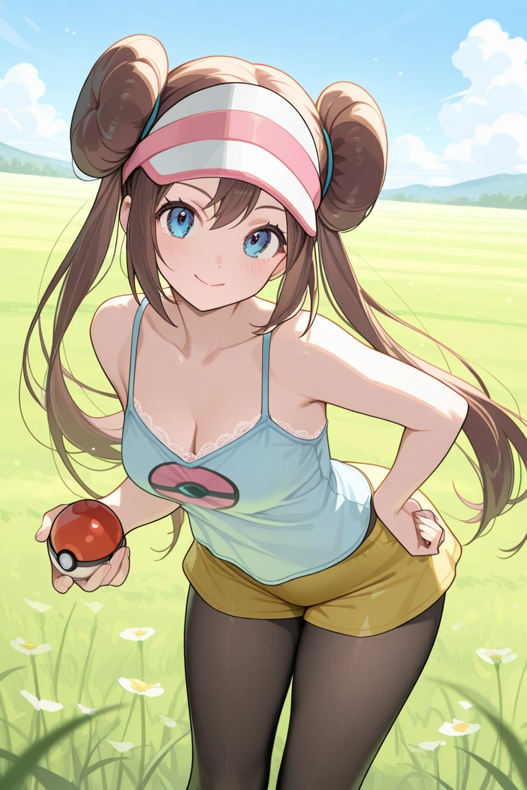 masterpiece, best quality, highres, ro1, hair bun, blue eyes, twintails, visor cap, pantyhose, pink panties, pink bra, pink bow, wristwatch, standing, cowboy shot, field, poke ball \(basic\), smile