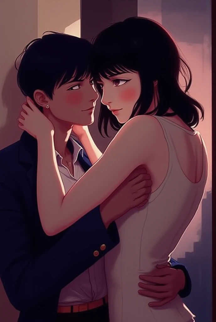 Amazing portrait of a sexy woman wearing her short black hair in a bob with a white hairband and some elegant earrings and a black sleeveless sweater paired with a cream skirt kissing and making out passionately with a shirtless boy in an intimate setting