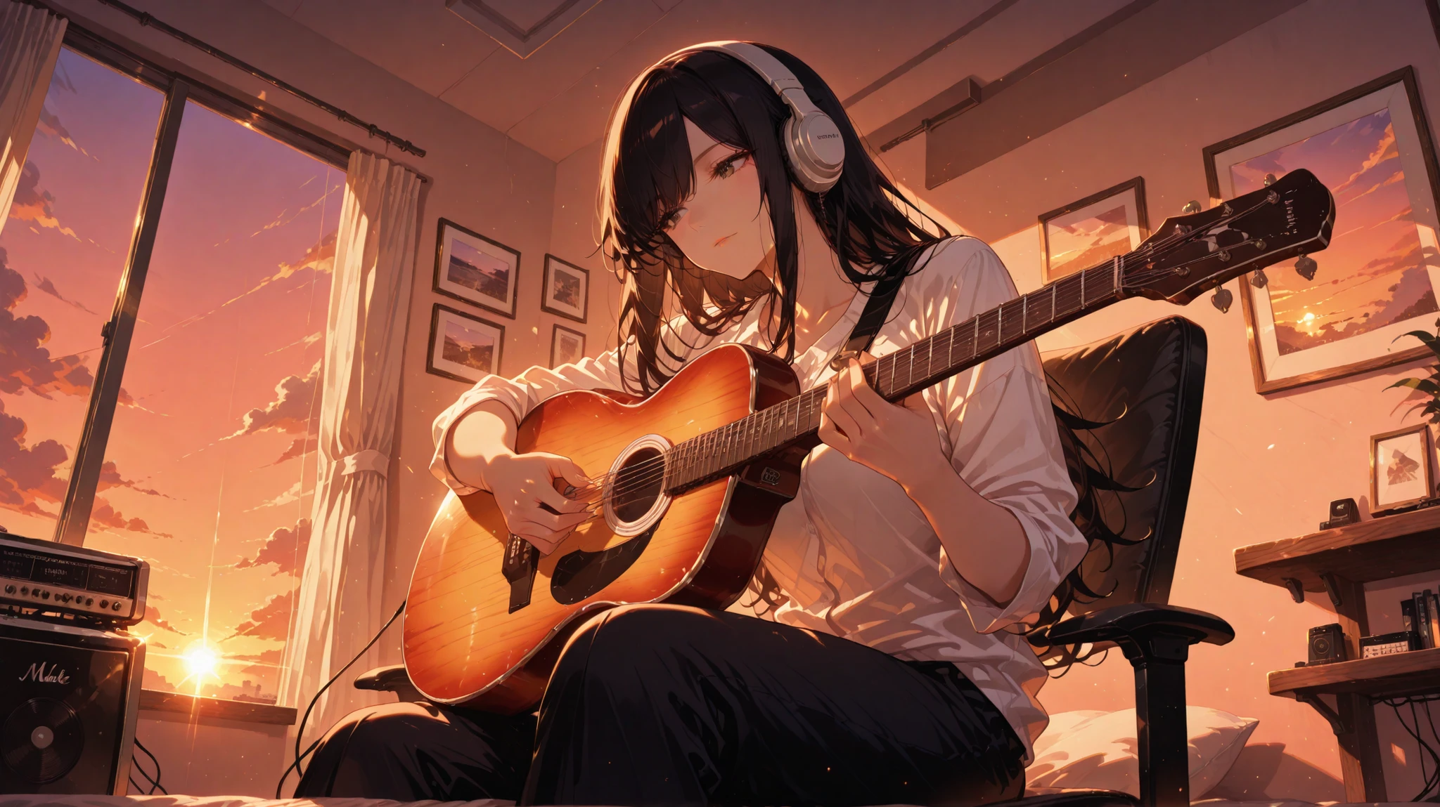 masterpiece,lady,black long hair,white shirt,headphone,make music,playing guitar,sitting,room,sunset,cowboy shot,from below,anime