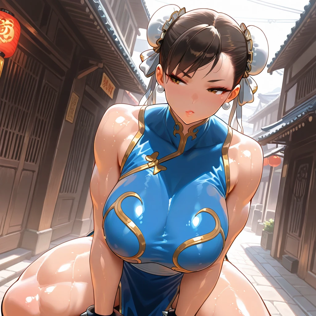 Chun-Li from Street Fighter , ((There are two buns in the hair)) 、(Muscular legs), white boots,(((Chinese Neck Leotard))),H Cup Bust、large udder、Big ass、wide pelvic、thick thighs、shiny thin stockings、Soft udder、soft ass、Show me your bust、Show me your genitals, Beautiful nipples、Show me your nipples、sensually、clit、lewd body、Posture with buttocks sticking out、((Always generate images with the bust exposed))、Video production that always shows beautiful female genitals、Thin pubic hair、((Always generate images with exposed nipples))、((healthy human body))、、posture with butt facing forward,Chinatown Background、Thin pubic hair、((Clothes become see-through due to excessive sweating)),the whole body is wet、Urine is leaking、Juice drips from the female genitals、clitが勃起をしています、Erotic body、I'm urinating、squatting and urinating、Ecstatic look、A face at the peak of pleasure、urinate like a fountain、((Turn your ass towards me))、((Generates an image of her with her genitals spread with her fingers)),A large amount of urine leaks from the crotch、A large amount of urine is falling on the floor、Urine flowing from the crotch,Angle from diagonally behind、A large amount of urine gushes out、Pleasant face、A face that lets out a sigh of pleasure、Erect nipples、女Show me your genitalsください、大きなclit、her genitals are wet、Visible even through clothes.、wide pelvic、Raised buttocks、