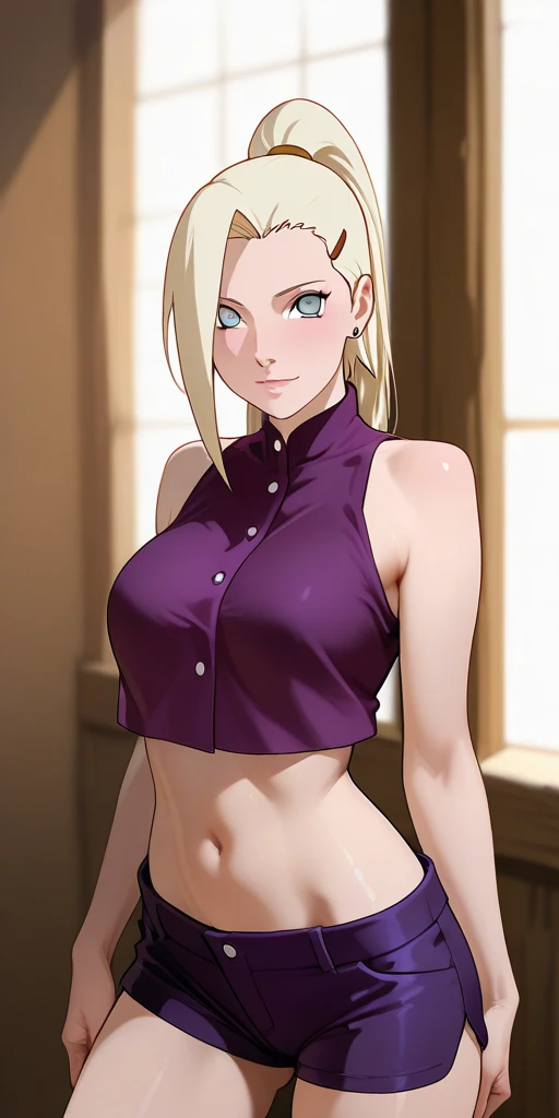 Ino yamanaka, komono, nevando, sitted,Purple clothes,Off-the-shoulder attire,cleavage,ssmile,Be red in the face,inside in room,Close-up close-up,with a good figure