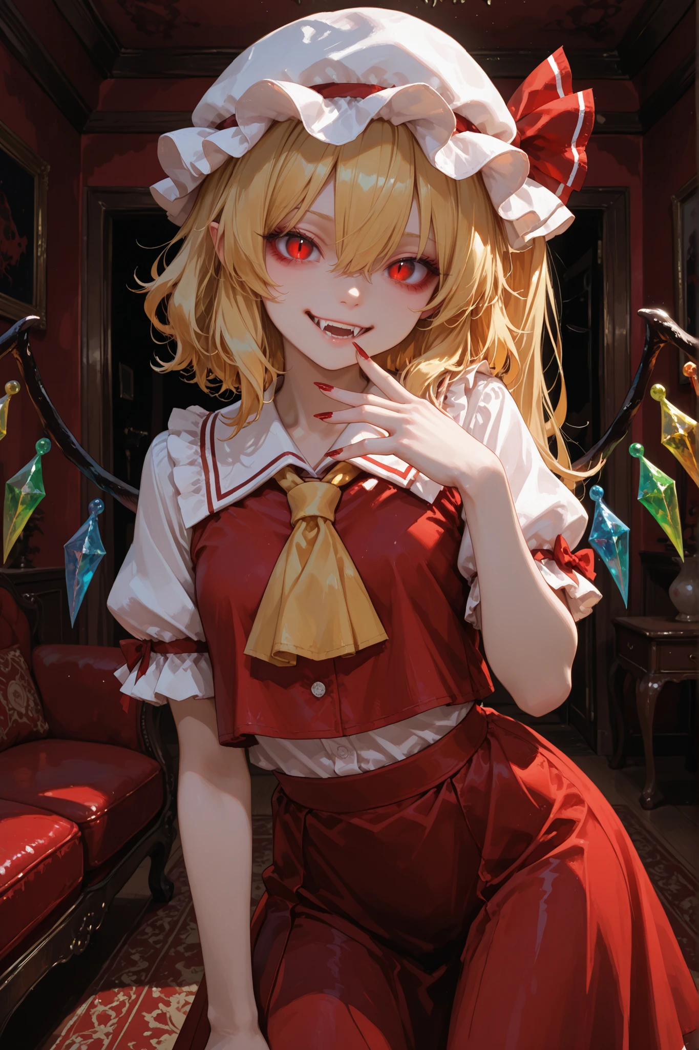 1girl, Flandre Scarlet, red eyes, blonde hair, one side up, hair between eyes, red eyes, blonde hair, one side up, hair between eyes, wings, ascot, red skirt, hat ribbon, short sleeves, puffy sleeves, mob cap, red shirt, home, in the living room, standing, looking at the viewer, scary smile, pretty, attractive, dynamic pose, teeth, vampire fangs, black painted nails, masterpiece, ultra detailed, very aesthetic
