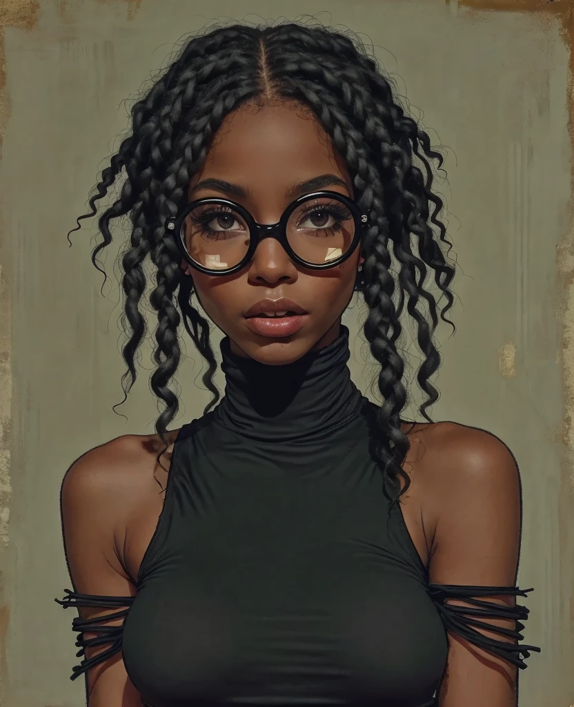 Erykah Badu, large knitted flowered shirt, sexy, african, black dreads hair, (nude feets, tongs:1.4), cool attitude, (dark skin:1.4), nerdy, round glasses, euphoric, crazy, funny, realistic, Jah shirt, colored accessories, (socle:1.3), comics render, illustration, 2d character, (), flat render, outline, master piece, intricate, (simple background, black background:1.5), rim lighting, dimlight