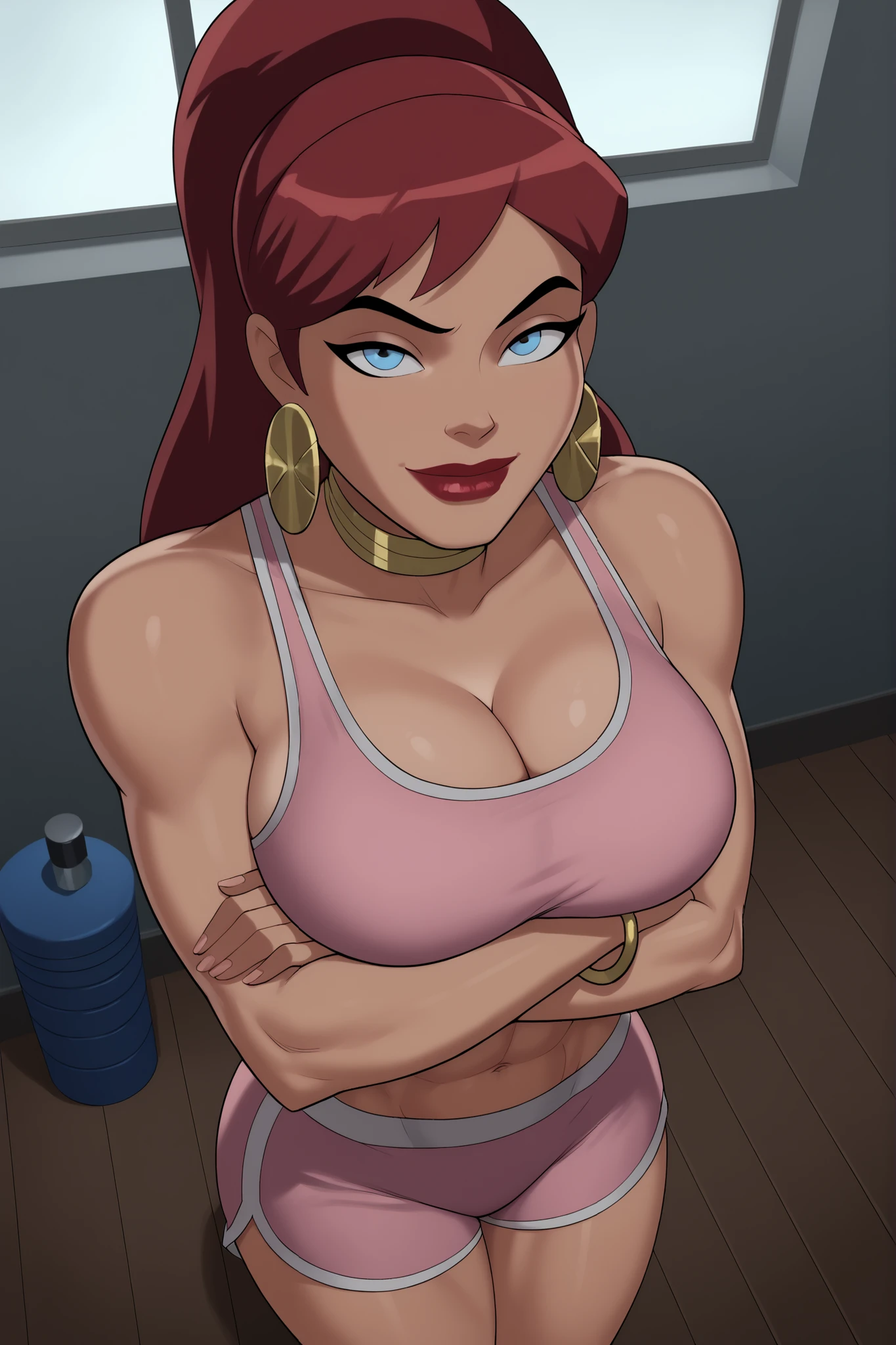 She's a young, slender woman with short, vibrant red hair and bright blue eyes, dressed in fitted gym attire. Confident and determined, she exudes assurance with a strong posture and a self-assured expression. Her domain is the gym, where her infectious energy shines, whether as an athlete or a dedicated instructor.red wet wavy long hair, fit body , huge breasts, gym sportswear black and gold