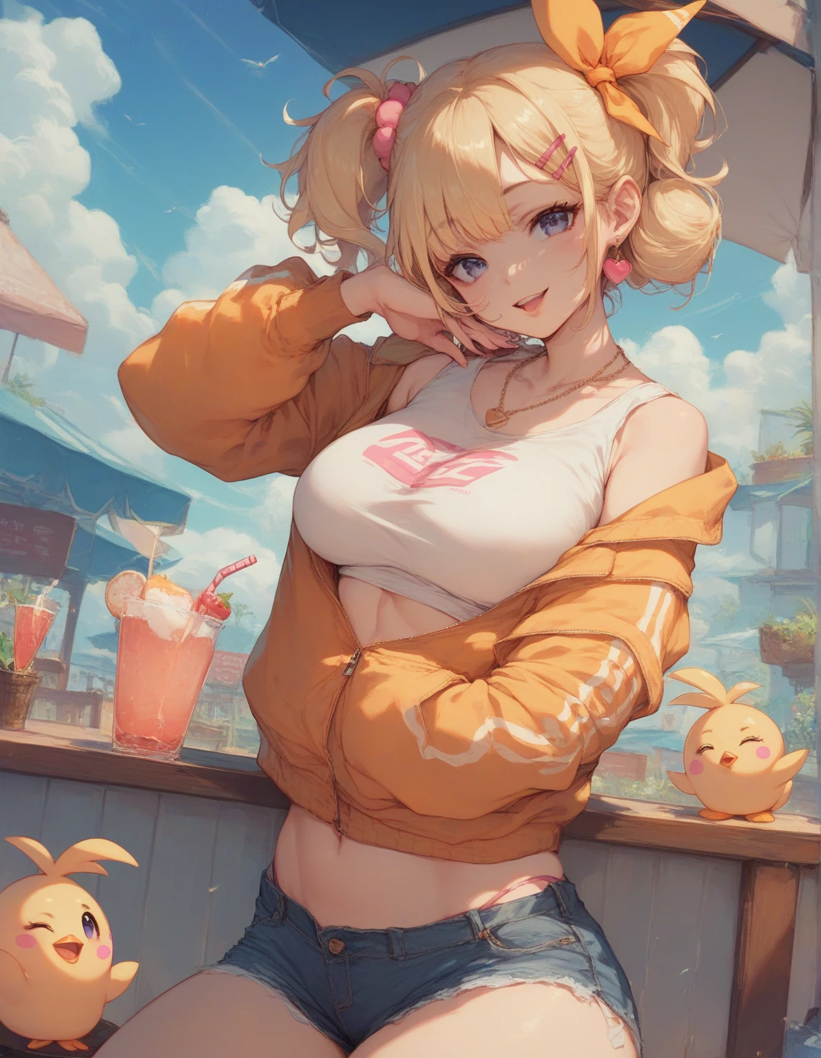top-quality、Top image quality、​masterpiece、girl with((18year old、Best Bust、big bast,Beautiful blue eyes、Breasts wide open, Blonde ponytail、A slender,Large valleys、Black jersey、Sleeveless、Hachimaki、Fullbody paint、)）hiquality、Beautiful Art、Background with((Concrete walls、Yellow paint、red paint、Blue paint、animal doodle,Paint Tools)))、,masutepiece、visualart、depth of fields、