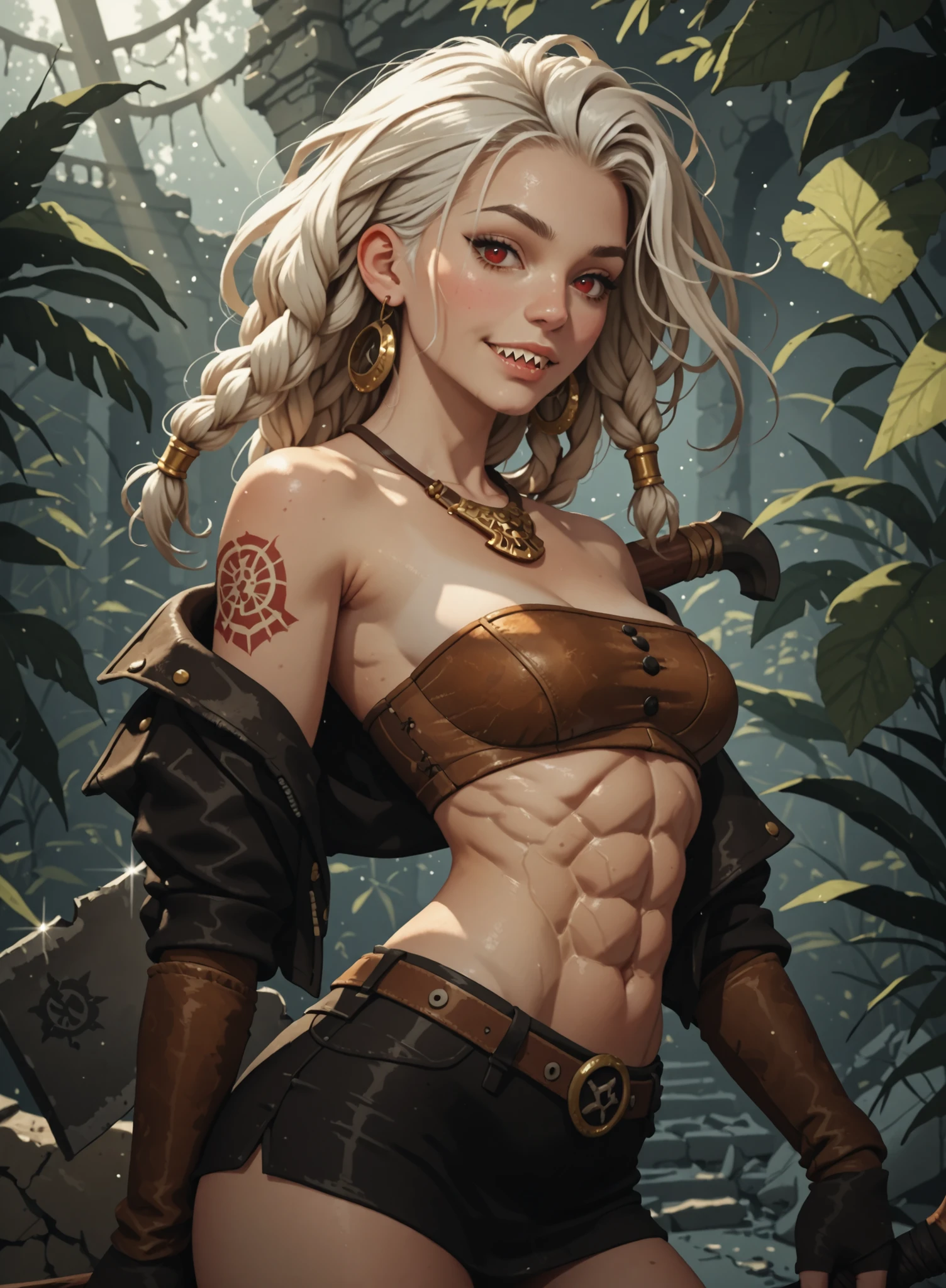 Slender body. White skin. Cute 18-year-old Asian girl with Asian red eyes and sharp teeth and dreadlocks with white highlights. She has a cute and beautiful face. She has a round and young face with a pointy chin. Her body is athletic with abs. She wears medieval an intricate medieval leather dress with corset and buttons. Background: medieval jungle ruins. Realistic lighting. DnD art-style. Looking at the viewer.