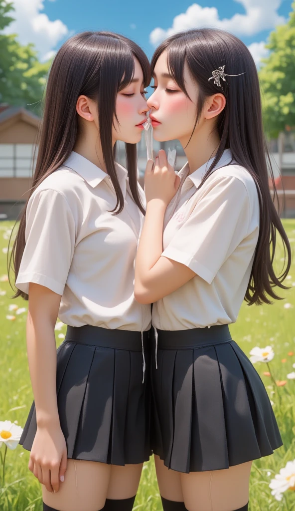duas little girls, little girls, small, youth, are in the park, baby face,skirt short, pantyhose, 8K, long hair, dando Kiss na bochecha, maximum perfection possible, similarity with reality, natural photo, kissing on the cheek, whole body, photoshot, Kiss