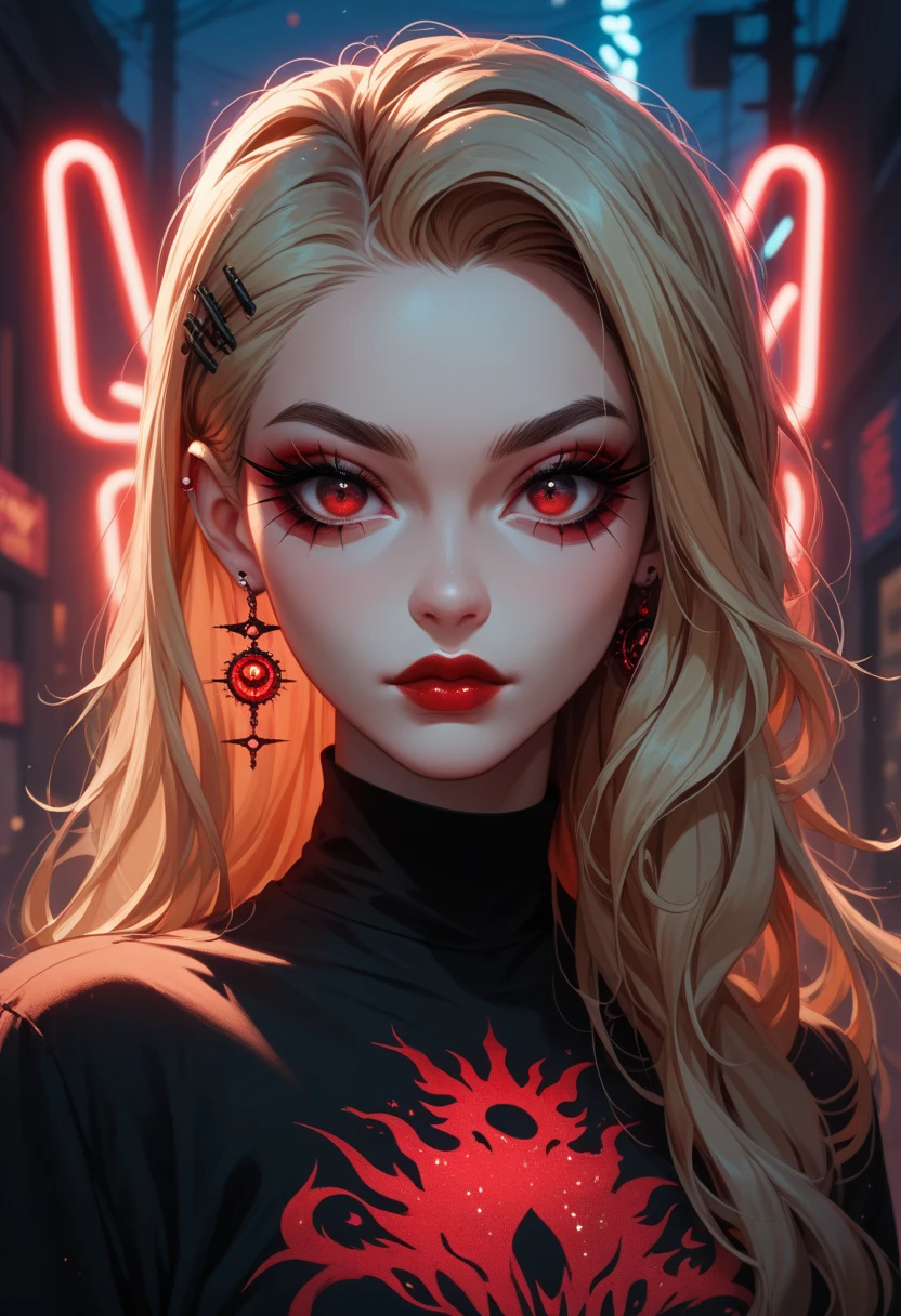 A striking female portrait featuring a woman with long, light blonde hair streaked with vibrant red highlights, creating a unique two-tone effect. Her large, piercing red and bloodshot eyes gaze intensely, adding an unsettling yet captivating presence. Dressed in formal attire, her body is adorned with numerous intricate tattoos, including a prominent moon design on her face. The woman's symmetrical features and malevolent, wide grin convey a villainous, sinister demeanor, set against a dark, urban cityscape backdrop. Rendered in high-contrast, hyper-detailed 8K resolution with a digital art style reminiscent of ArtStation, this realistic and masterful portrait exudes a sense of unsettling allure.