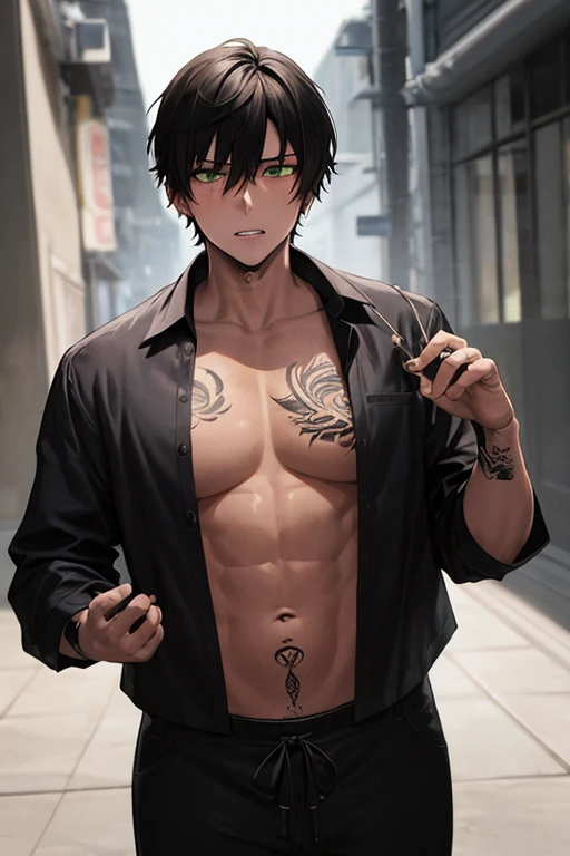 emo man (anime style) with short disheveled hair with a black dress shirt open at the chest and with tattoos black pants with headphones on with spikes around them