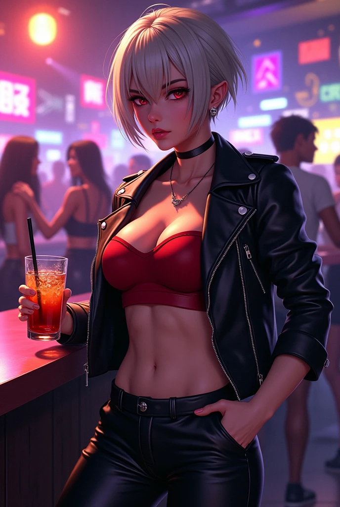 anime style {{ufotable style}}, female elf, beautiful yellow eyes, {{The Shining}}, her outfit is a white top with a black jacket and black short shorts, cyber iris, adult female character, beautiful intricate short white hair, athlete body shapes, surreal bar background, cold weather, beautiful leg, front view, luminism, three dimensional effect, 3D rendering, octane rendering, {{mix of bold dark lines and loose lines}}, isometric, stunning full color , {{ultra detailed face} }, {{rule of the third}}, 8k resolution, cinematic lighting, face close up