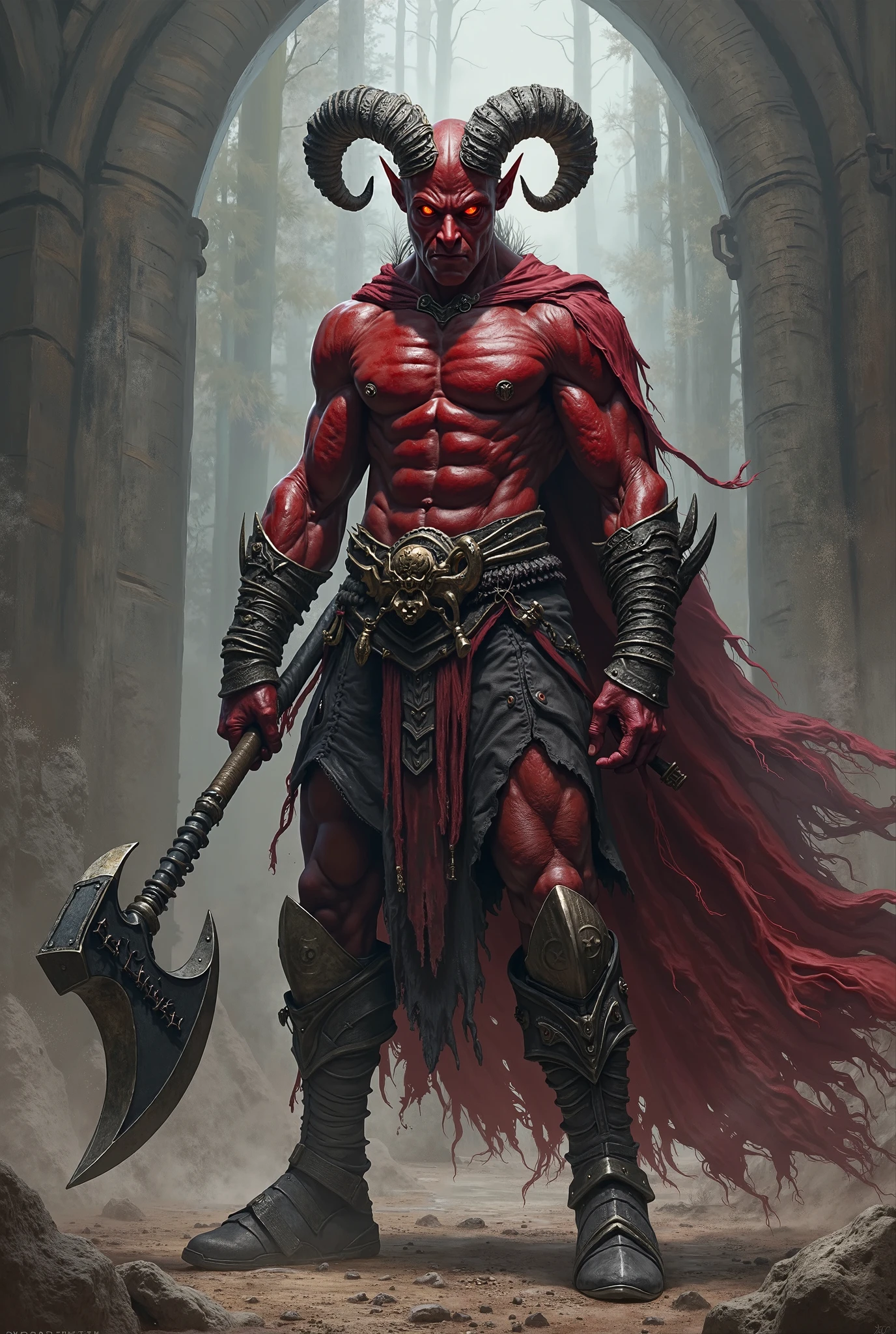 Create a Human Fantasy RPG Warrior, with friendly expression, but with insect-like geniculate antennae on top of the head and reddish skin.He has bizarre scars on his body and face.. Your hair is black, His physique is tall and has a lot of muscle definition., Wears light meta armor, a black cape on his back and uses a sword with a broken blade as a weapon.