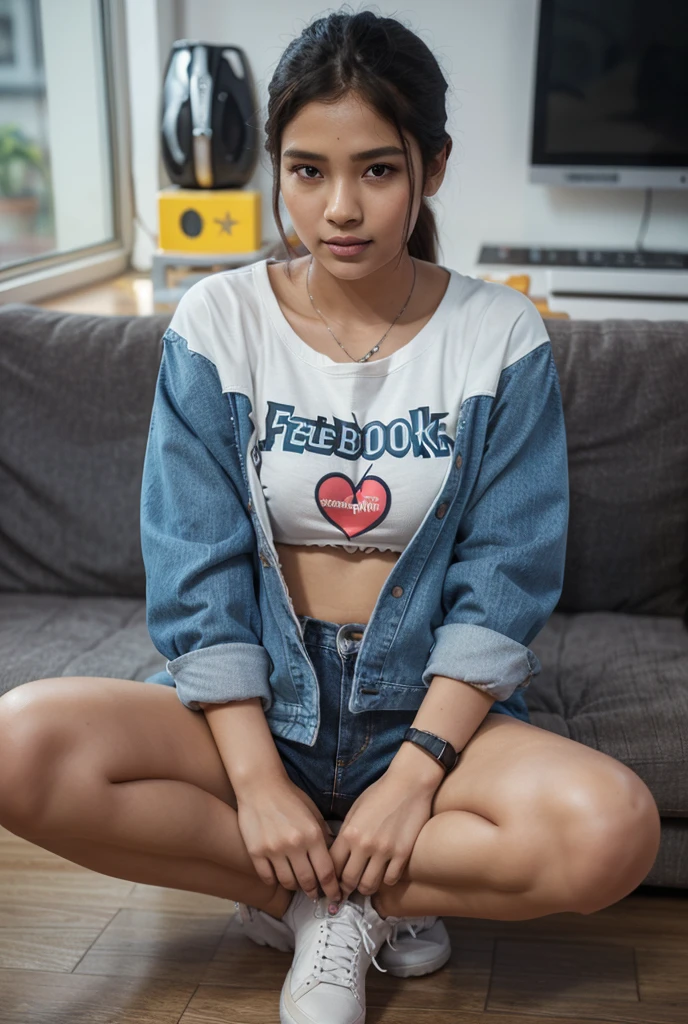 A beautiful Thai woman with fair skin and a curvy figure, wearing tattered clothes and shorts, sits in a cluttered room. Her hair is messy, and she is sitting on an old sofa with her knees up, absorbed in her mobile phone. The floor is extremely messy, scattered with snack bags and instant noodle cups. Two mice are nibbling on leftover crumbs. The room features an old table, an old TV left on with no signal, and cobwebs hanging from the corners. There is a clothes rack with various garments hang