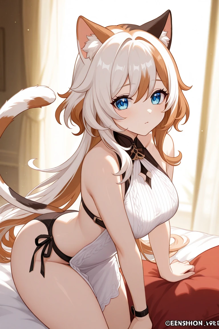 Top quality, super high resolution, beautiful eyes, platinum_blonde_hair, cat ears (platinum blonde), cat tail (platinum blonde),garter_straps garter_belt, thighhighs, cleavage, {{{underwear only}}}, lace-trimmed bra(salmon pink), lace-trimmed panties(salmon pink), lace trim(black), a choker, {embarrassed},on bed,wariza,yokozuwari,hand between legs,sitting,