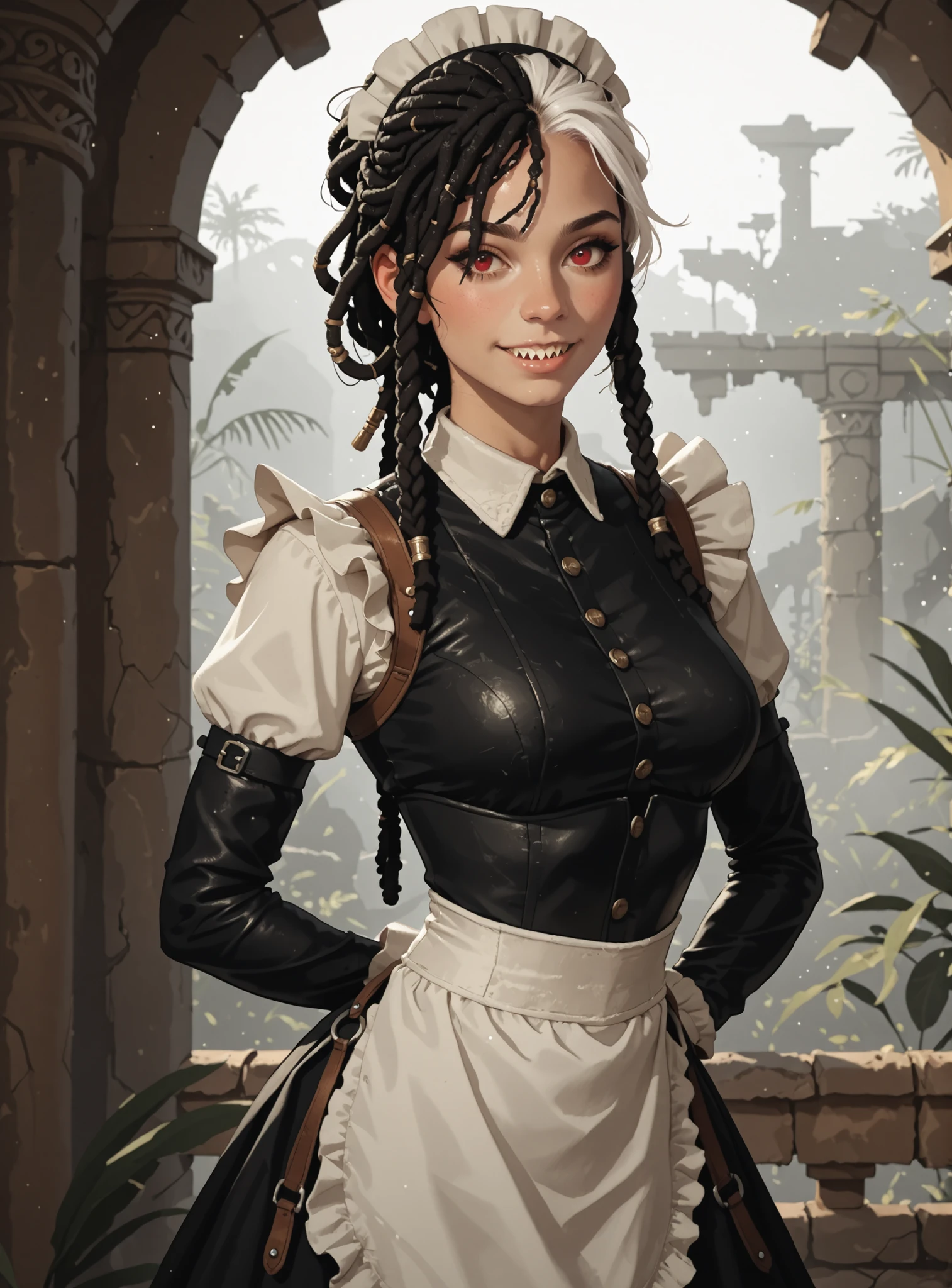 Slender body. White skin. Cute 18-year-old Asian girl with Asian red eyes and sharp teeth and dreadlocks with white highlights. She has a cute and beautiful face. She has a round and young face with a pointy chin. Her body is athletic with abs. She wears an intricate medieval leather maid dress with corset and buttons. Background: medieval jungle ruins. Realistic lighting. DnD art-style. Looking at the viewer.