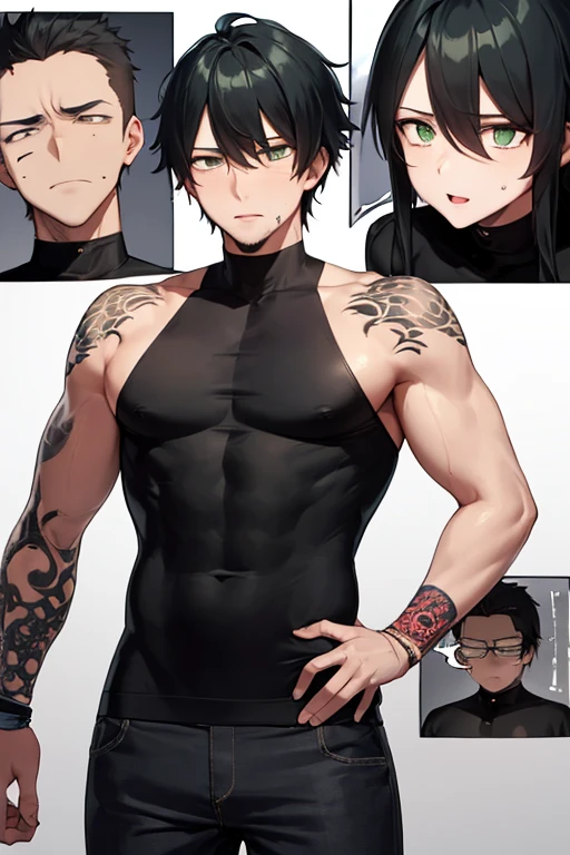 Multiple girls, Full body view, perfecto face, green eyes, beautifull female, fight pose, muscle female, Dinamic pose, full nude, (Character design sheet), white skin, small breasts (muscular)) curly hair, very short hair, black hair, design sheet