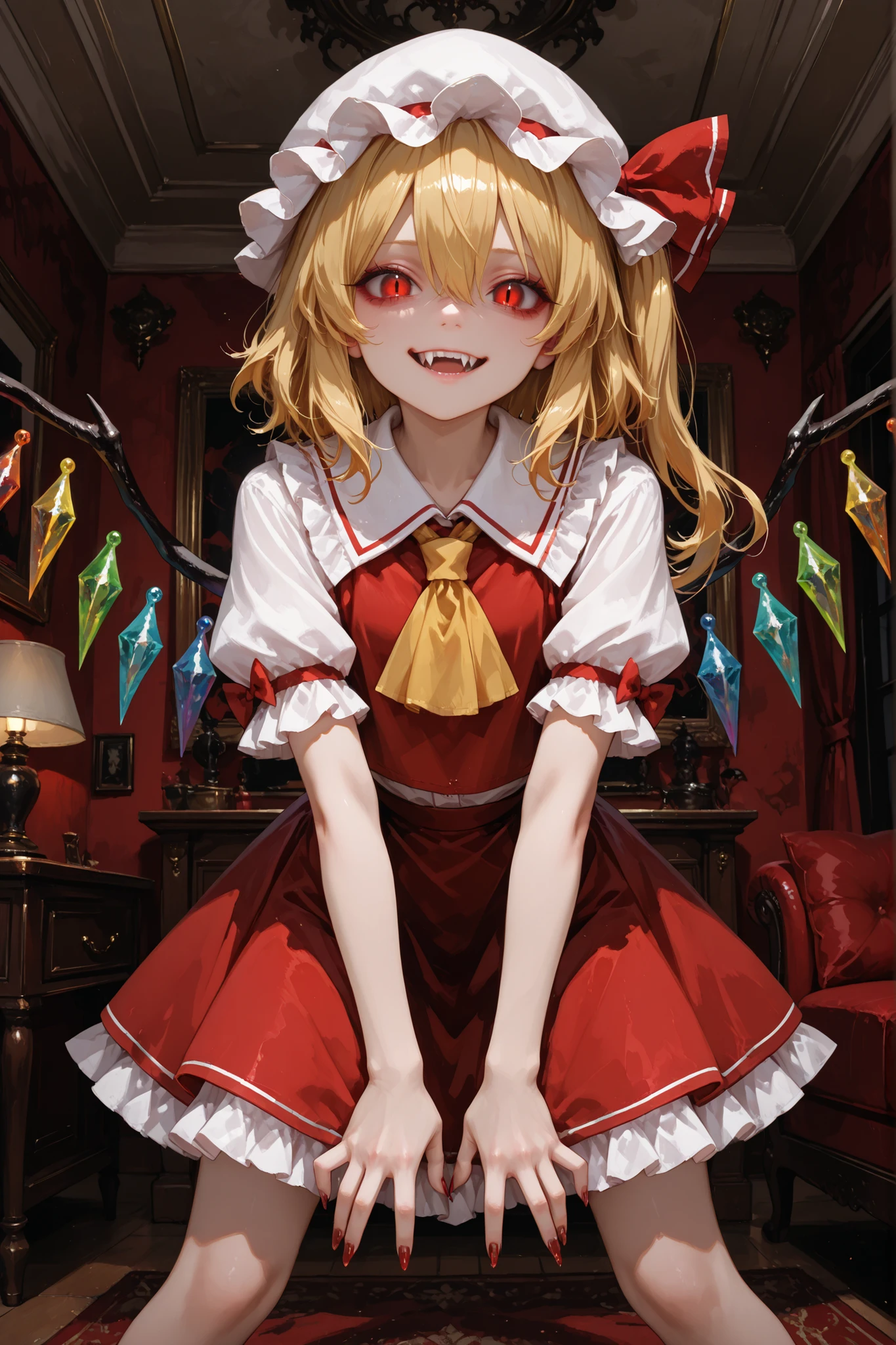 1girl, Flandre Scarlet, red eyes, blonde hair, one side up, hair between eyes, red eyes, blonde hair, one side up, hair between eyes, wings, ascot, red skirt, hat ribbon, short sleeves, puffy sleeves, mob cap, red shirt, home, in the living room, standing, looking at the viewer, scary smile, pretty, attractive, dynamic pose, teeth, vampire fangs, black painted nails, masterpiece, ultra detailed, very aesthetic