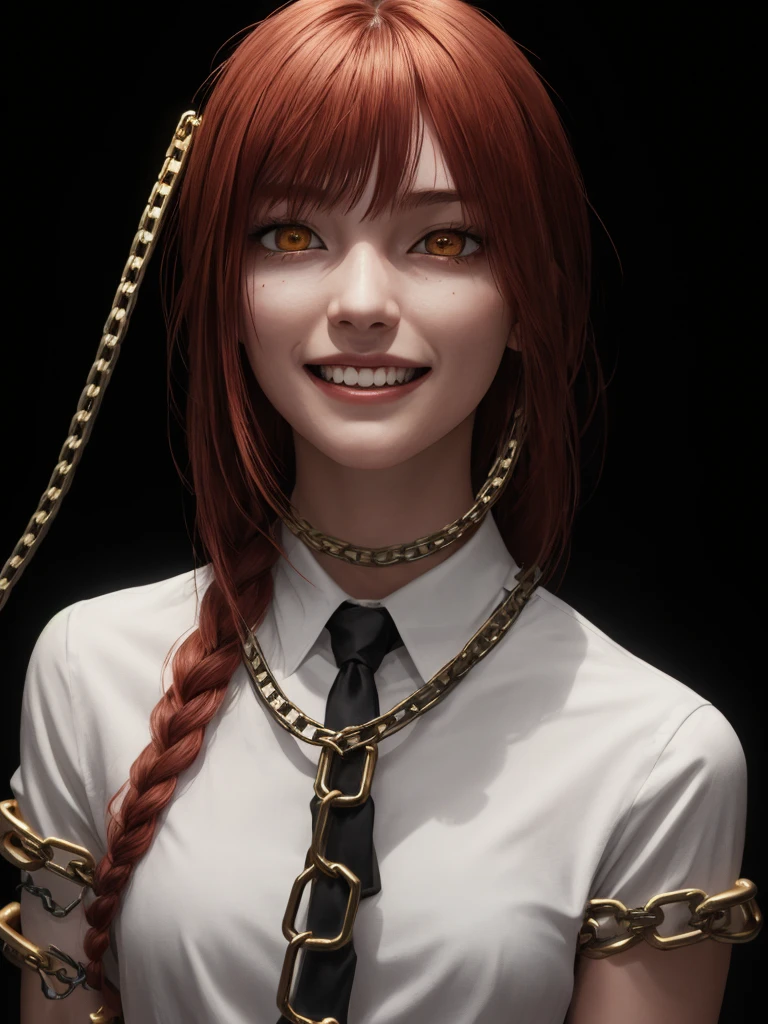 (masterpiece), (best quality),makima \(chainsaw man\), best quality, ultra detailed, 1girl, solo, standing, red hair, long braided hair, golden eyes, sexy, tied up \(nonsexual\), bangs, medium breasts, white shirt, necktie, stare, smile, (evil:1.2), looking at viewer, (interview:1.3), (dark background, chains:1.3)